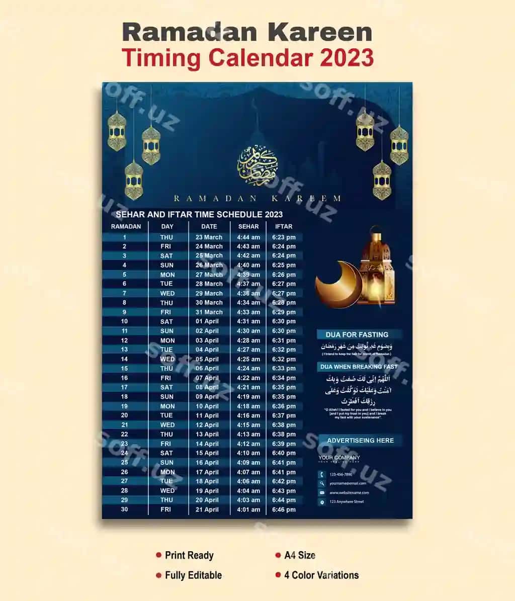 Islomiy taqvim dizayni Sehr va Iftor vaqt jadvali 2023-yil Ramazon taqvimi | Islamic calendar design sehri iftar time schedule ramadan 2023 calendar