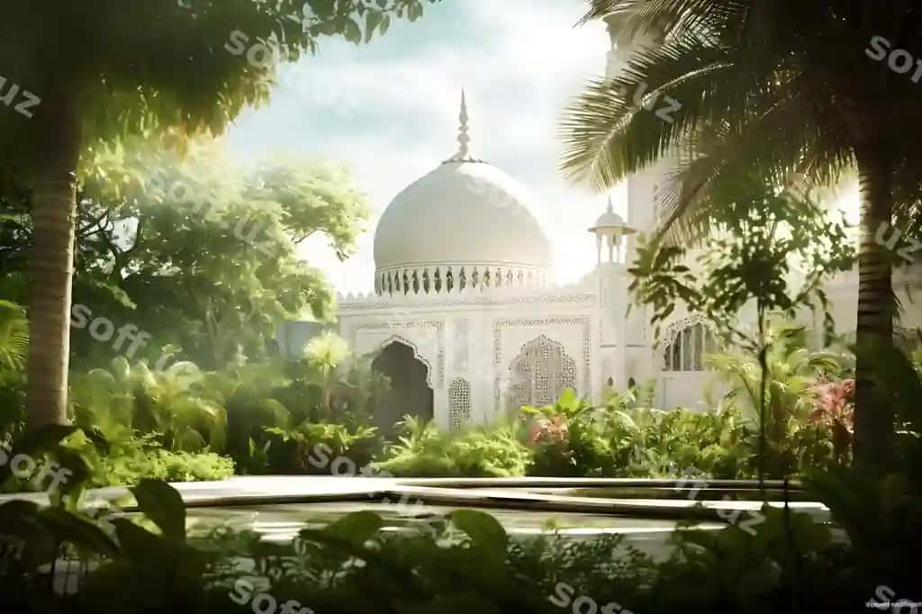 Masjid atrofida ziravorli yashil bog'lar joylashgan | Mosque surrounded by lush green gardens