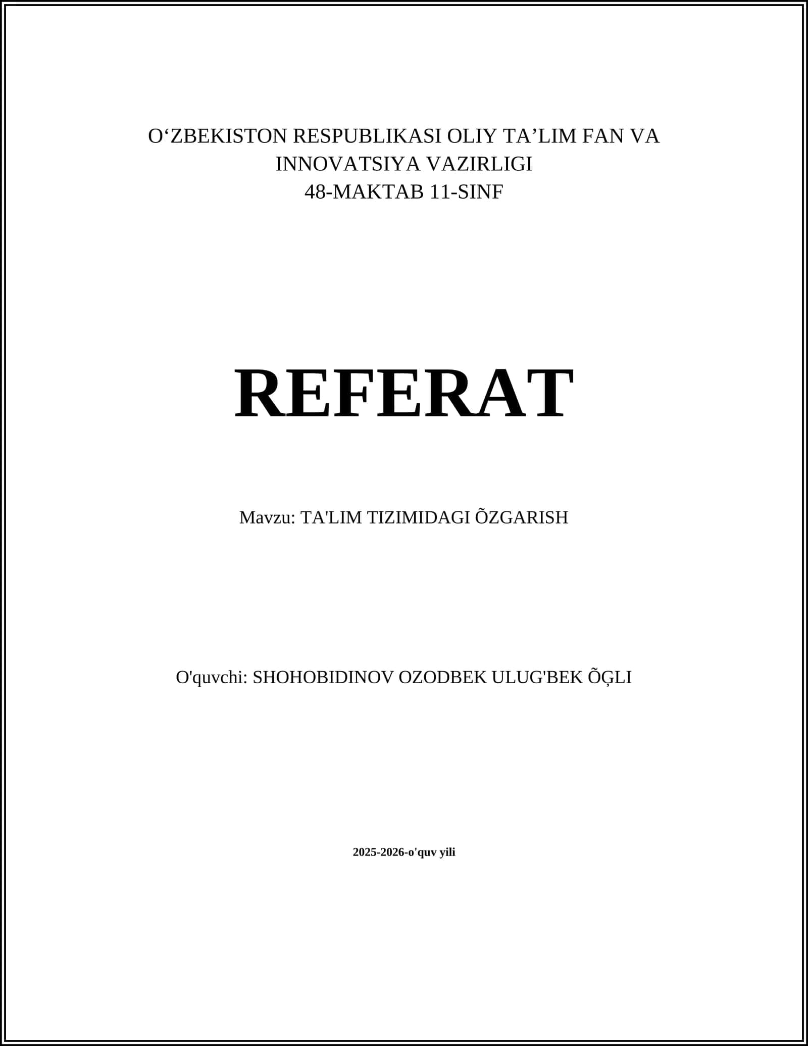 TA'LIM TIZIMIDAGI ÕZGARISH