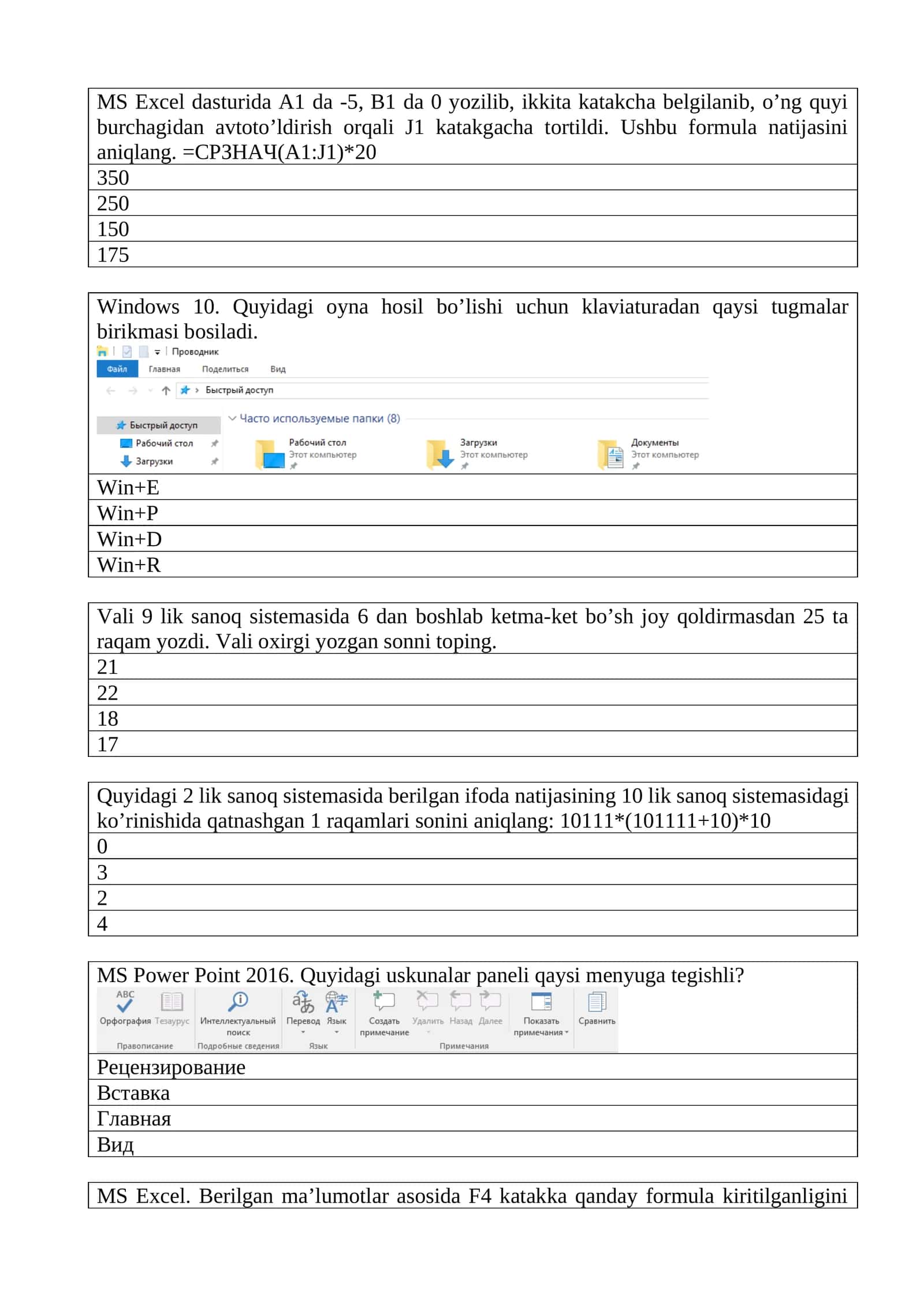 Attestatsiya testlari informatika