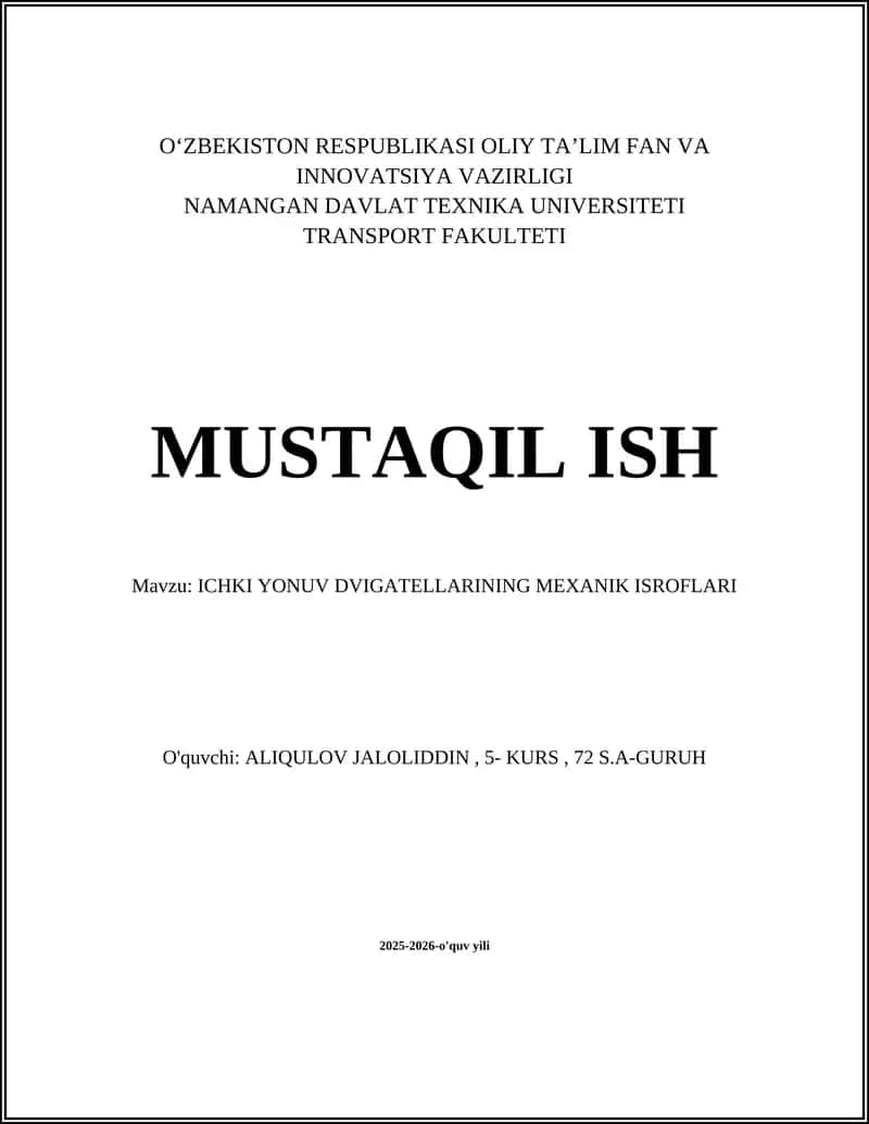 ICHKI YONUV DVIGATELLARINING MEXANIK ISROFLARI