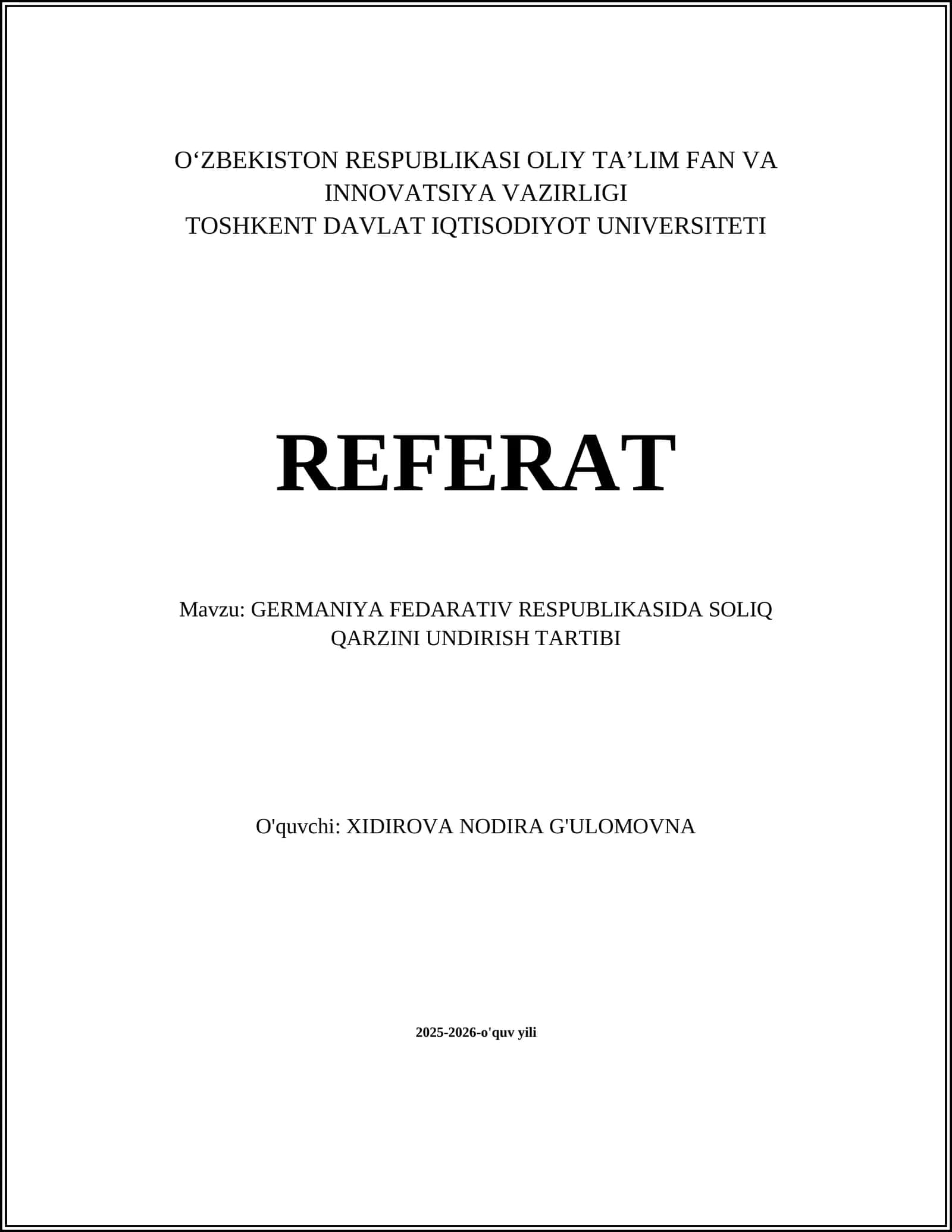 GERMANIYA FEDARATIV RESPUBLIKASIDA SOLIQ QARZINI UNDIRISH TARTIBI