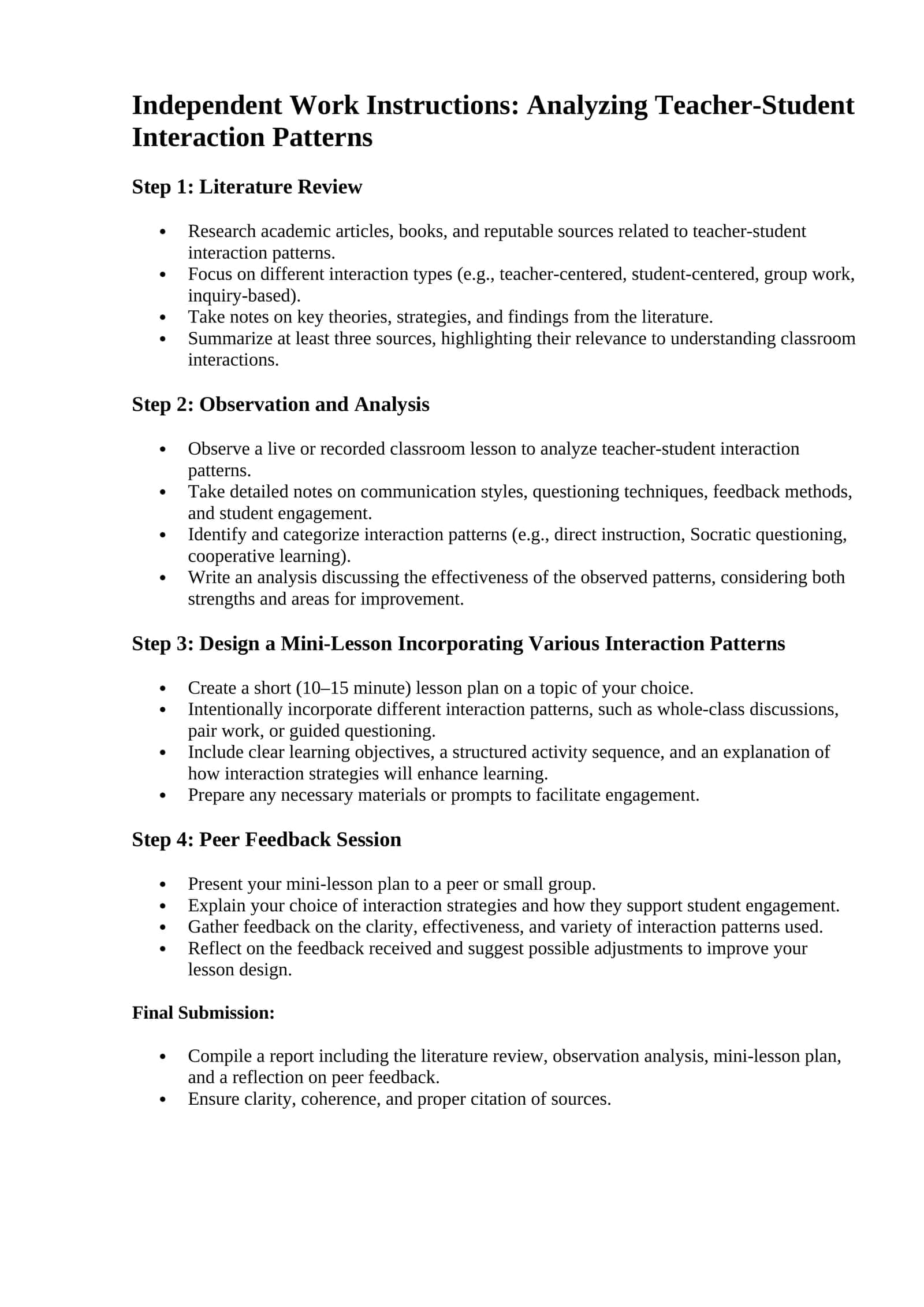 Independent Work Instructions: Analyzing Teacher-Student Interaction Patterns