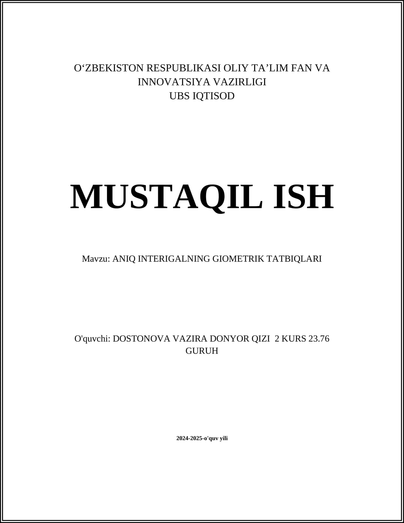 ANIQ INTERIGALNING GIOMETRIK TATBIQLARI