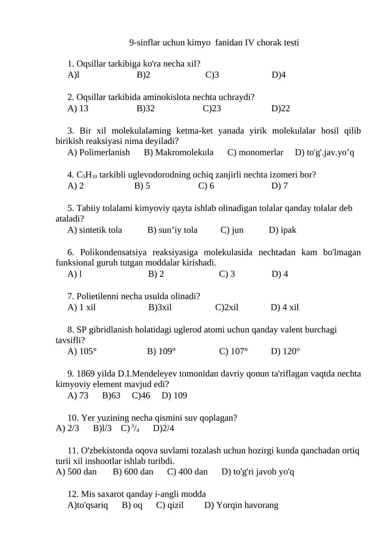 9-sinflar uchun kimyo fanidan IV chorak testi