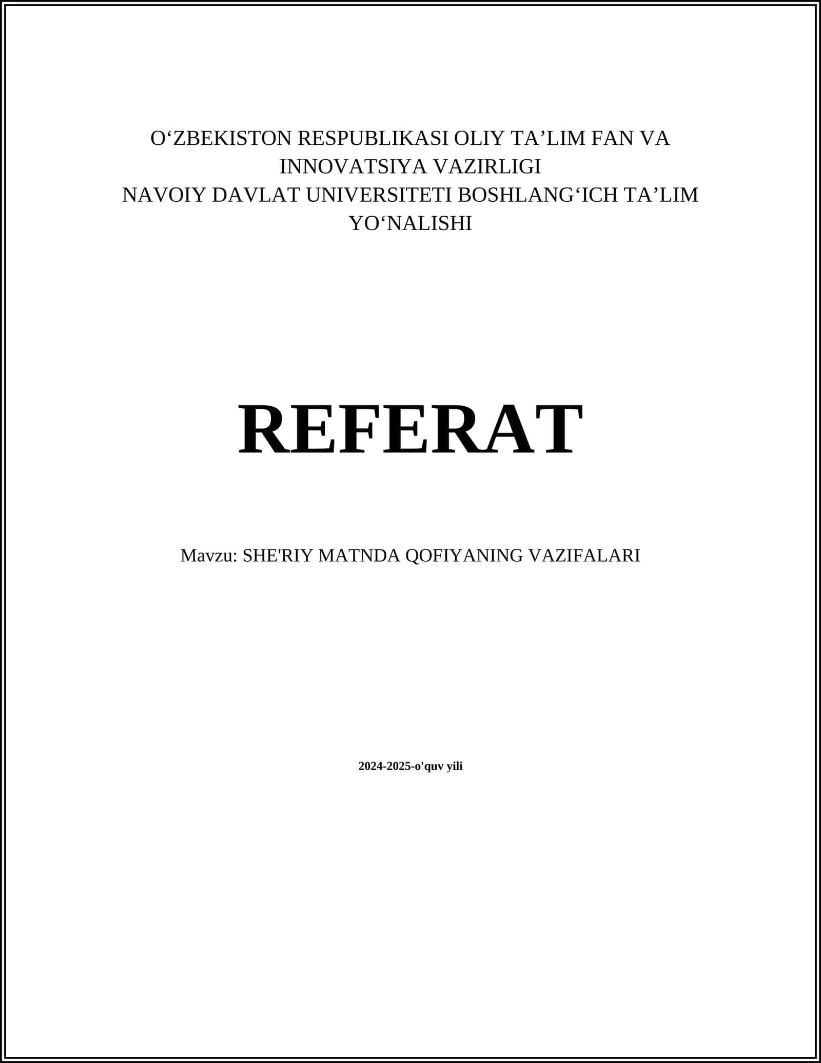 REFERAT Mavzu: SHE'RIY MATNDA QOFIYANING VAZIFALARI