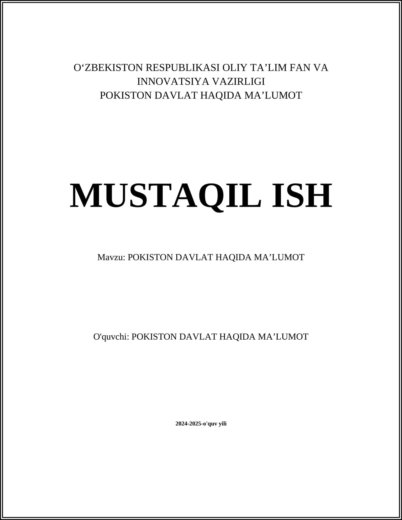 POKISTON DAVLAT HAQIDA MAʼLUMOT