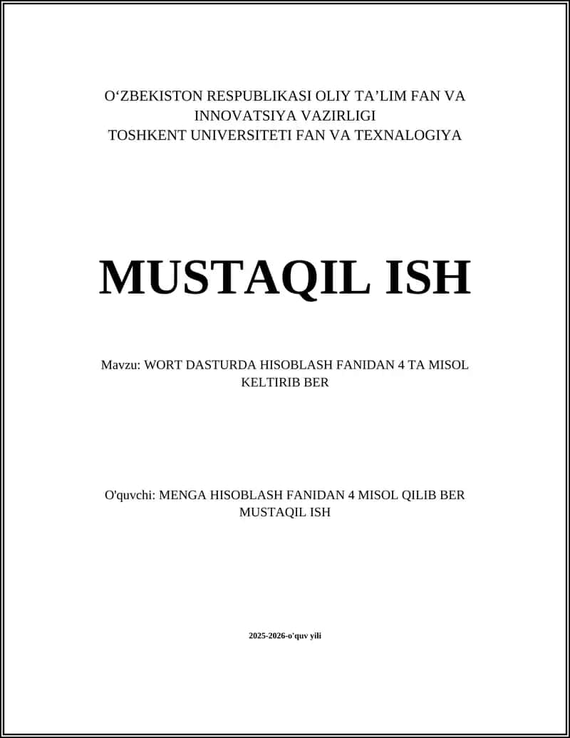 Word dasturida hisoblash fanidan 4 ta misol