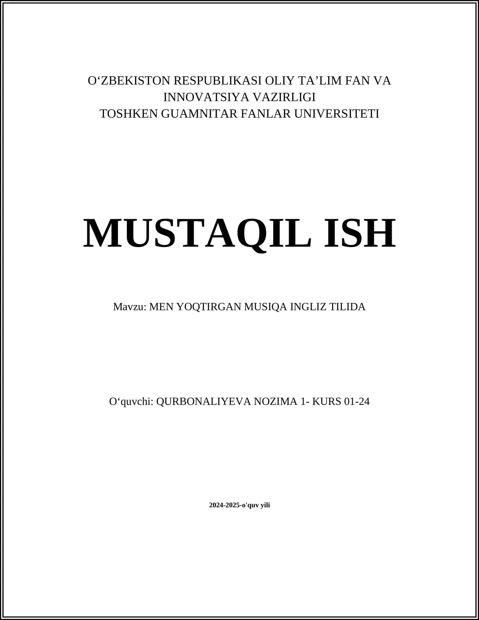 MEN YOQTIRGAN MUSIQA INGLIZ TILIDA