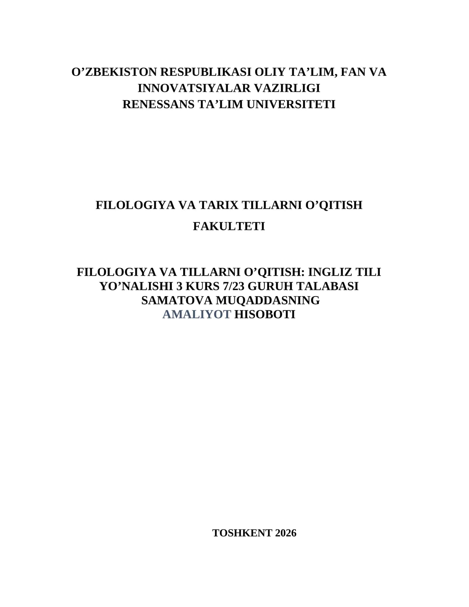 SAMATOVA MUQADDASNING AMALIYOT HISOBOTI
