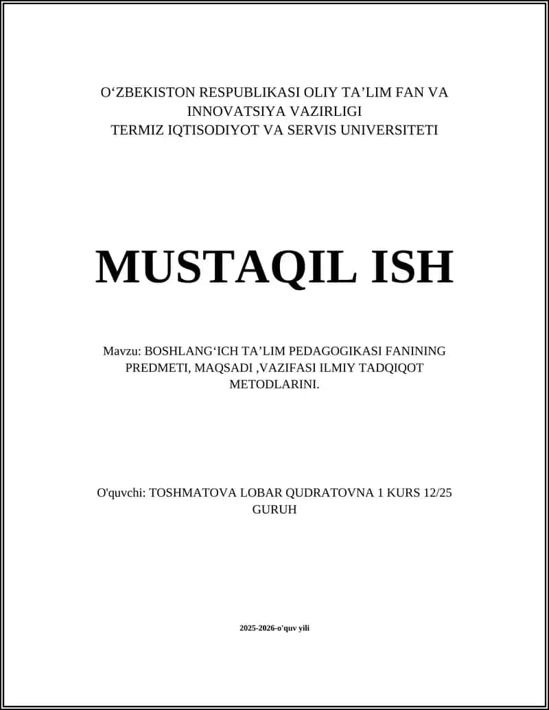 Boshlangʻich taʼlim pedagogikasi fani predmetining nazariy asoslari
