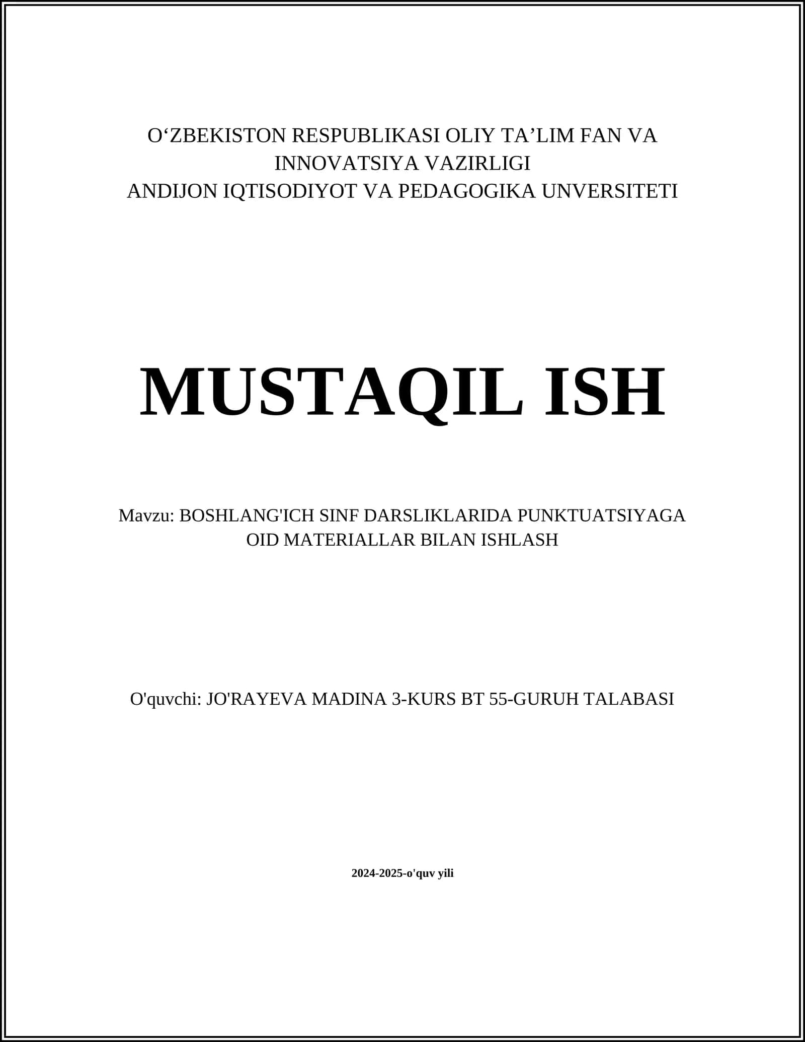 BOSHLANG'ICH SINF DARSLIKLARIDA PUNKTUATSIYAGA OID MATERIALLAR BILAN ISHLASH