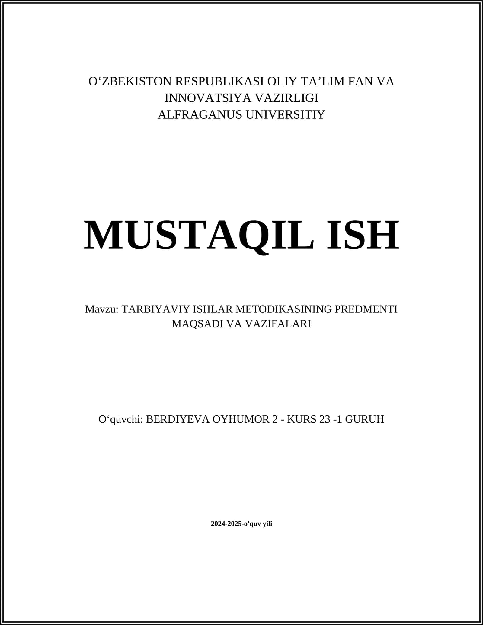 TARBIYAVIY ISHLAR METODIKASINING PREDMENTI MAQSADI VA VAZIFALARI