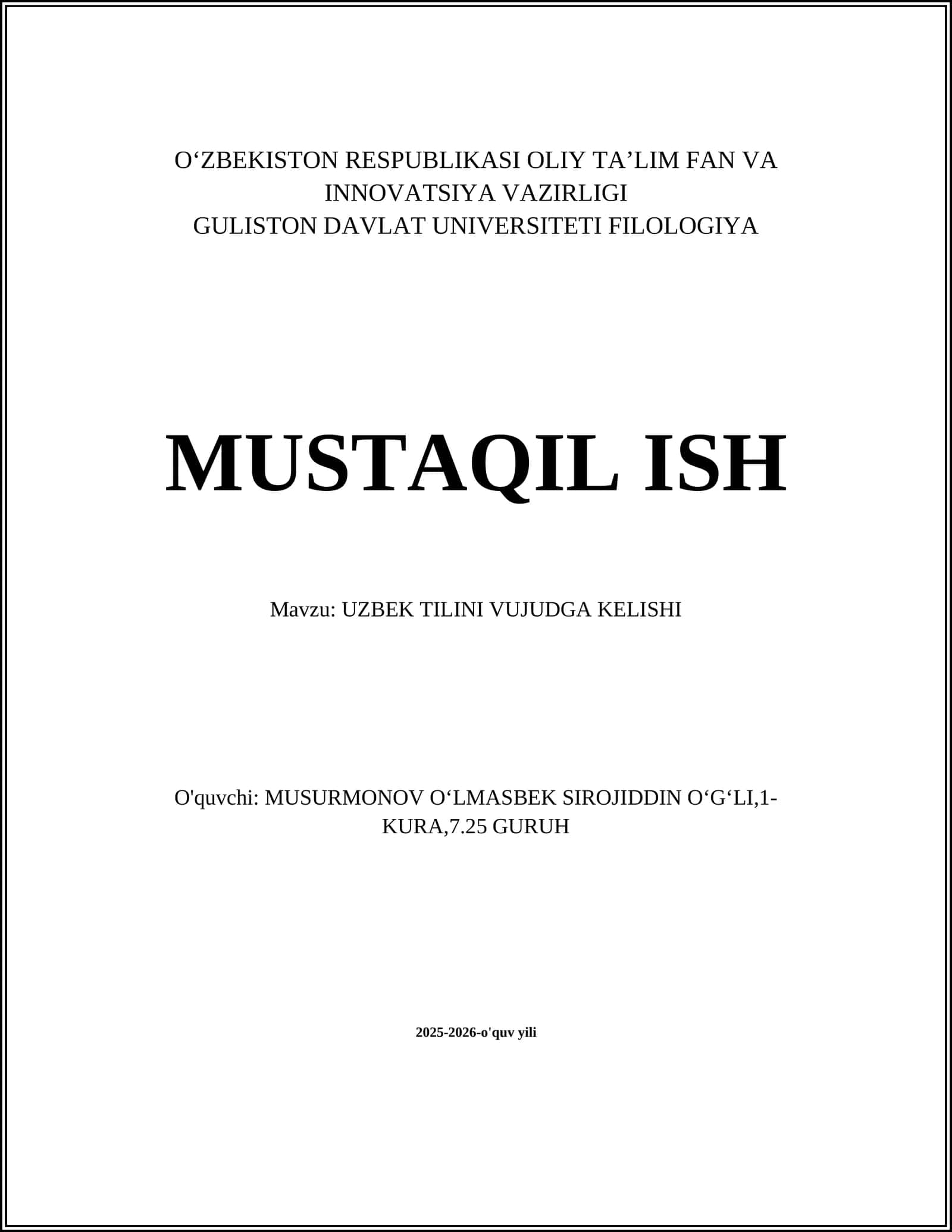 UZBEK TILINI VUJUDGA KELISHI