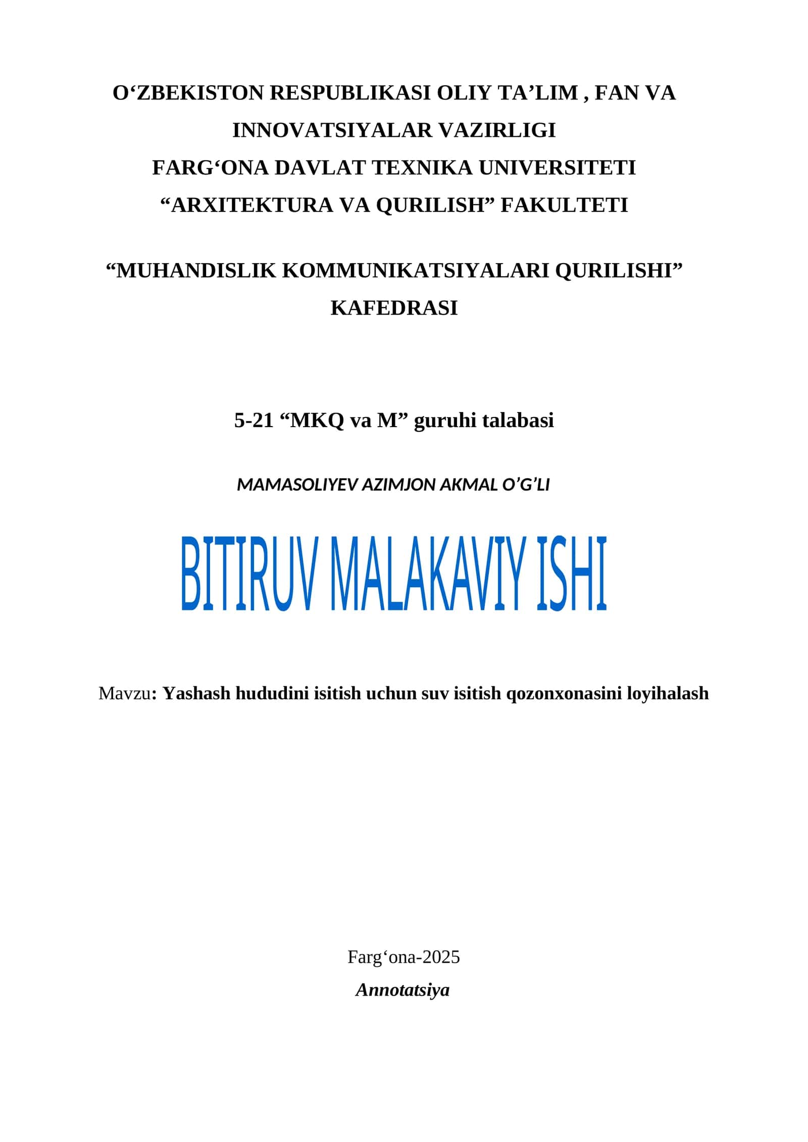 Yashash hududini isitish uchun suv isitish qozonxonasini loyihalash