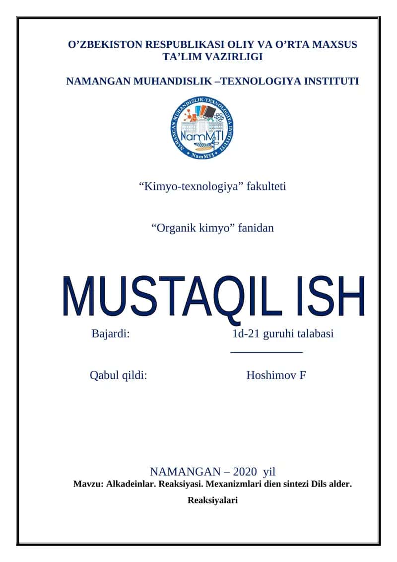 Alkadeinlar. Reaksiyasi. Mexanizmlari dien sintezi Dils alder. Reaksiyalari