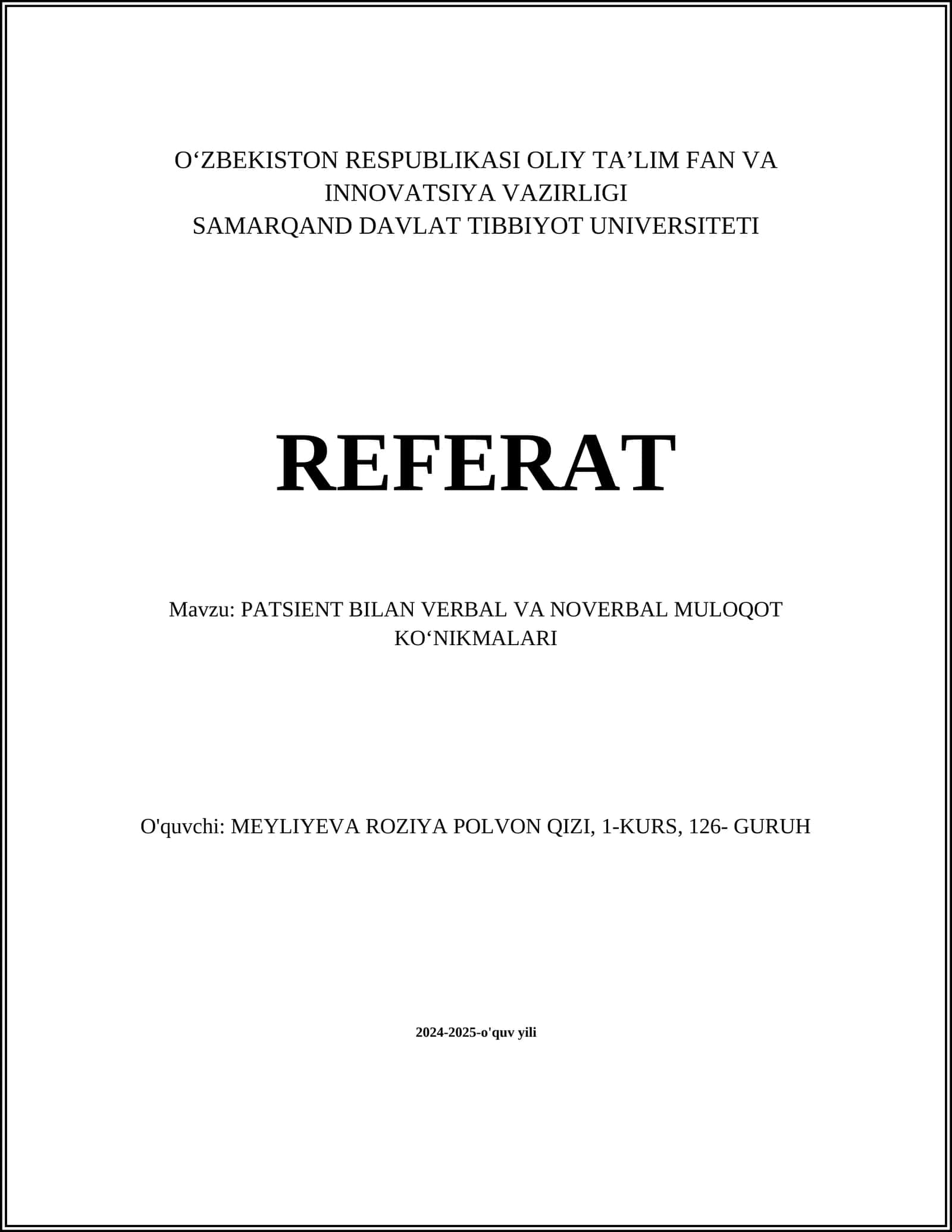 PATSIENT BILAN VERBAL VA NOVERBAL MULOQOT KOʻNIKMALARI
