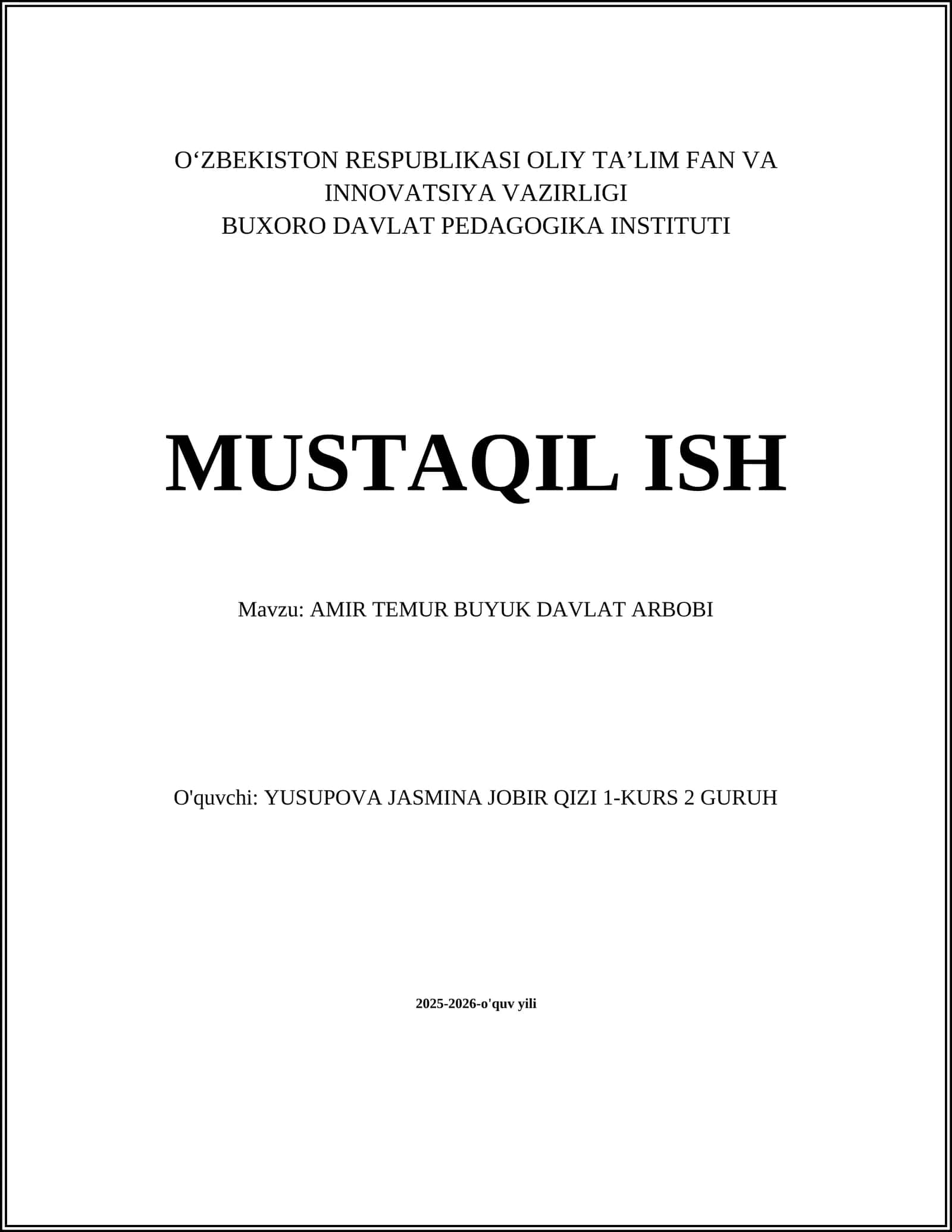 AMIR TEMUR BUYUK DAVLAT ARBOBI