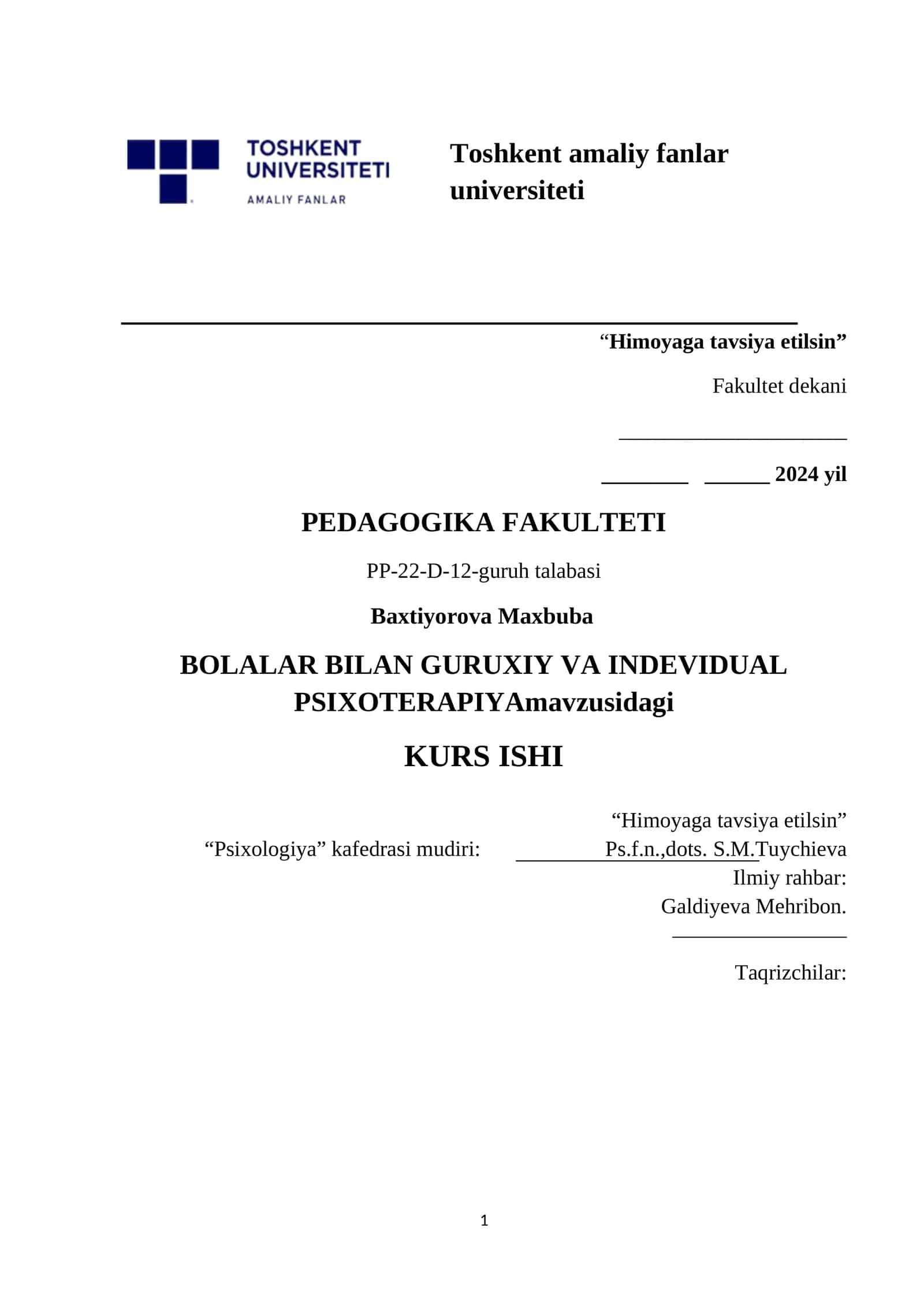 BOLALAR BILAN GURUXIY VA INDEVIDUAL PSIXOTERAPIYA