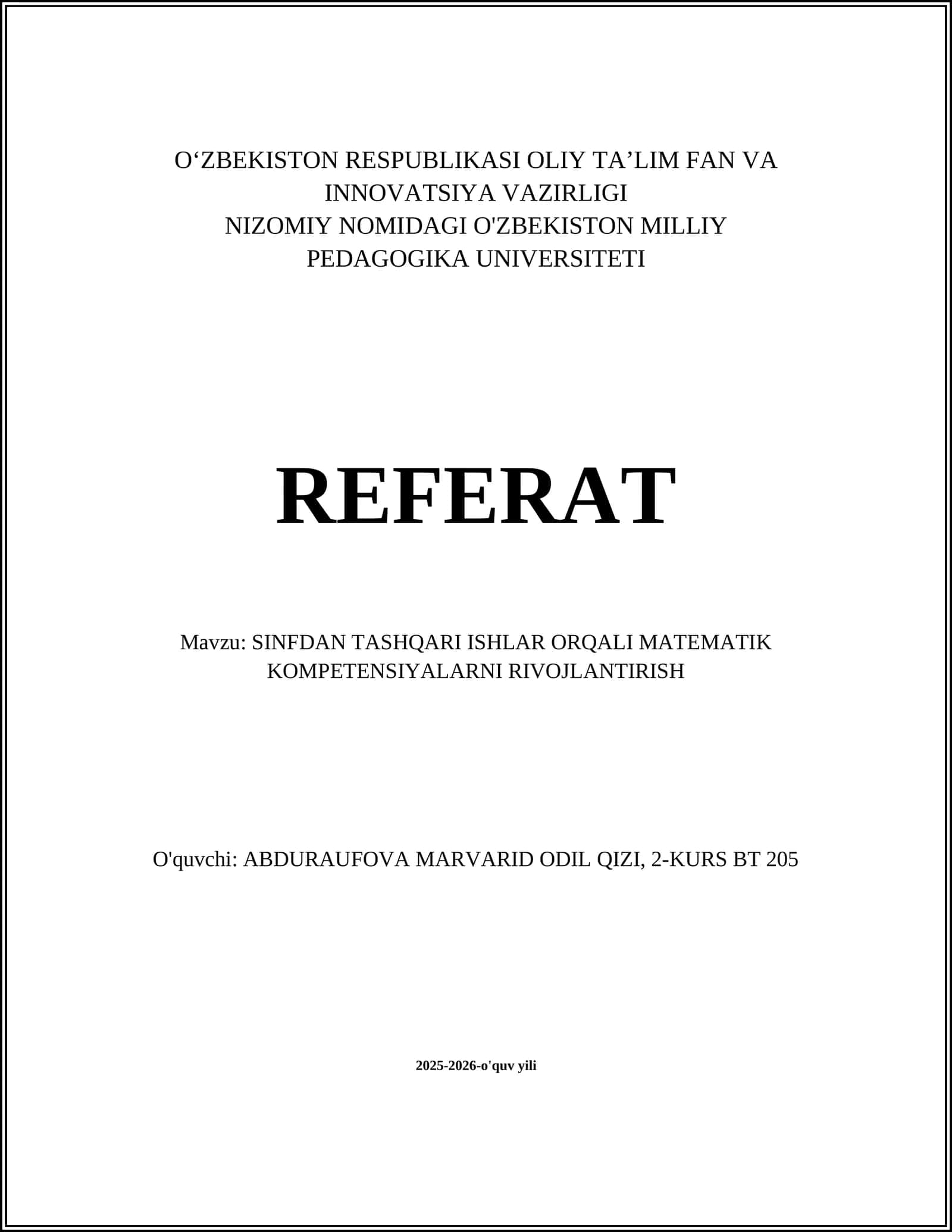 SINFDAN TASHQARI ISHLAR ORQALI MATEMATIK KOMPETENSIYALARNI RIVOJLANTIRISH