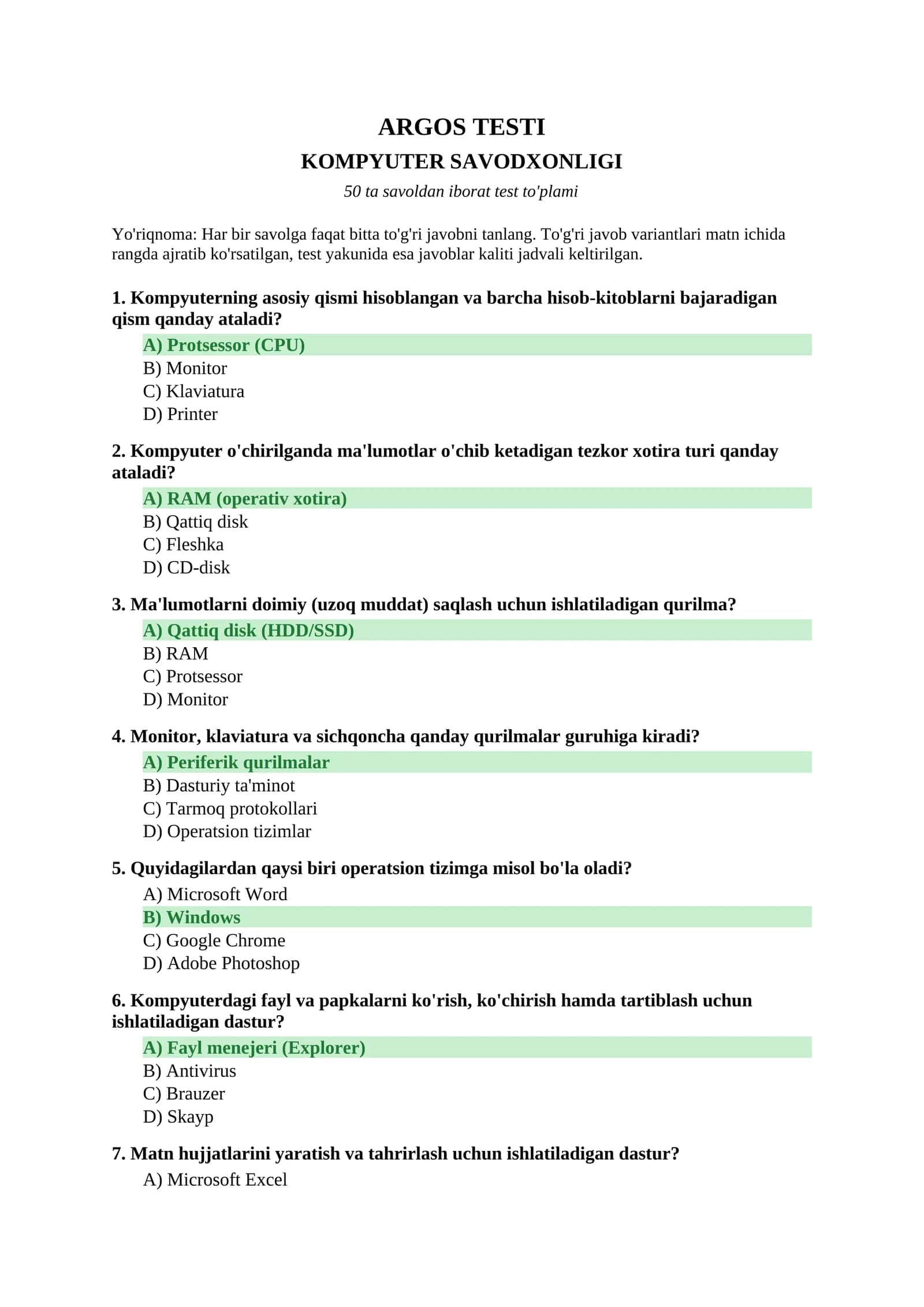 ARGOS test to'plami — Kompyuter savodxonligi (50 savol, javoblar bilan)