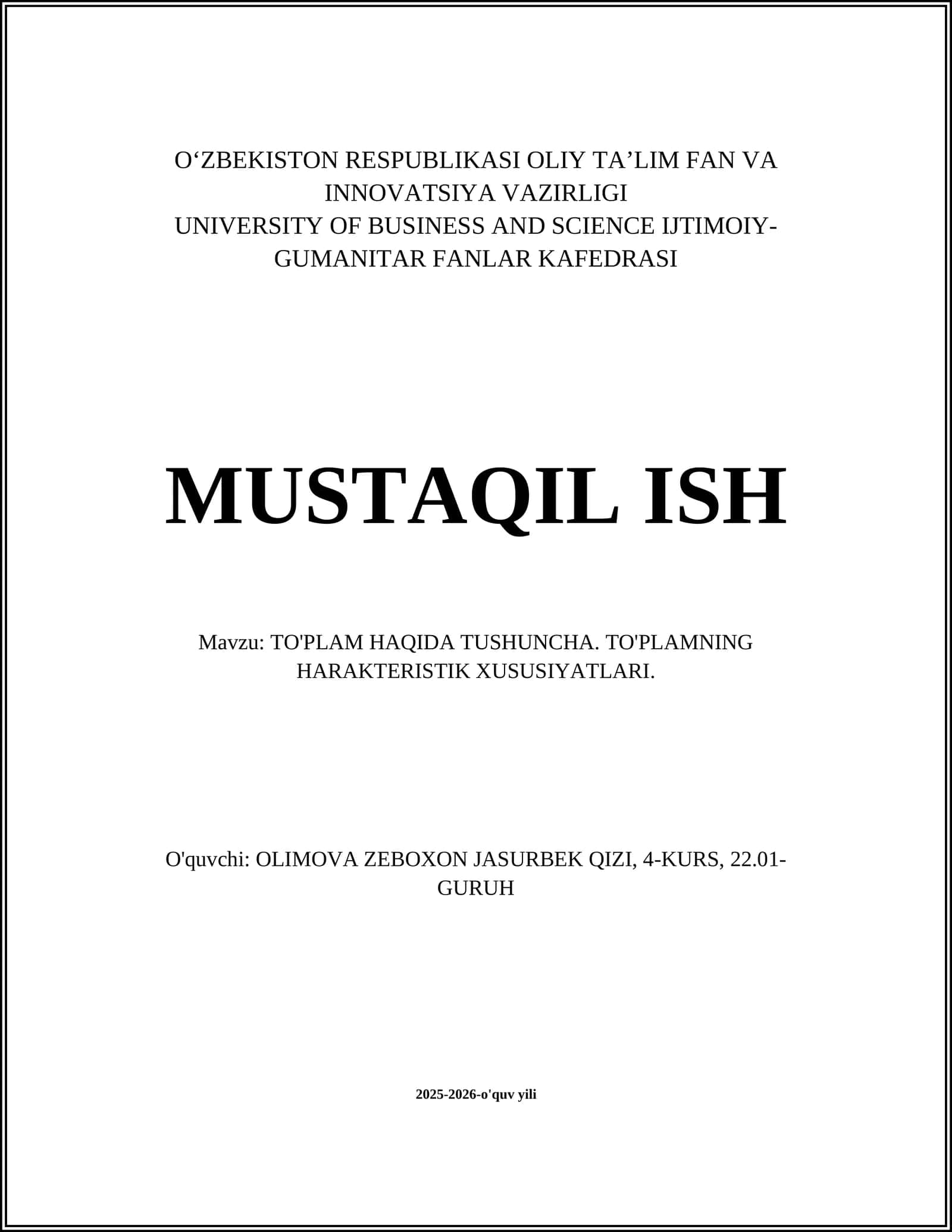 TO'PLAM HAQIDA TUSHUNCHA. TO'PLAMNING HARAKTERISTIK XUSUSIYATLARI