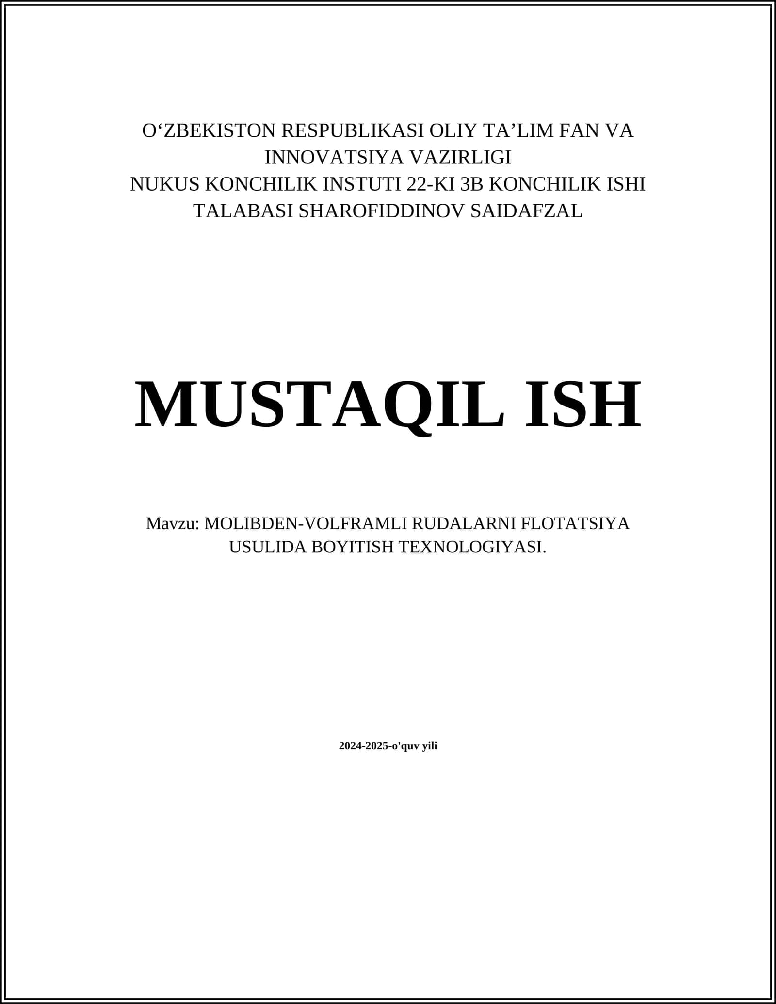 MOLIBDEN-VOLFRAMLI RUDALARNI FLOTATSIYA USULIDA BOYITISH TEXNOLOGIYASI