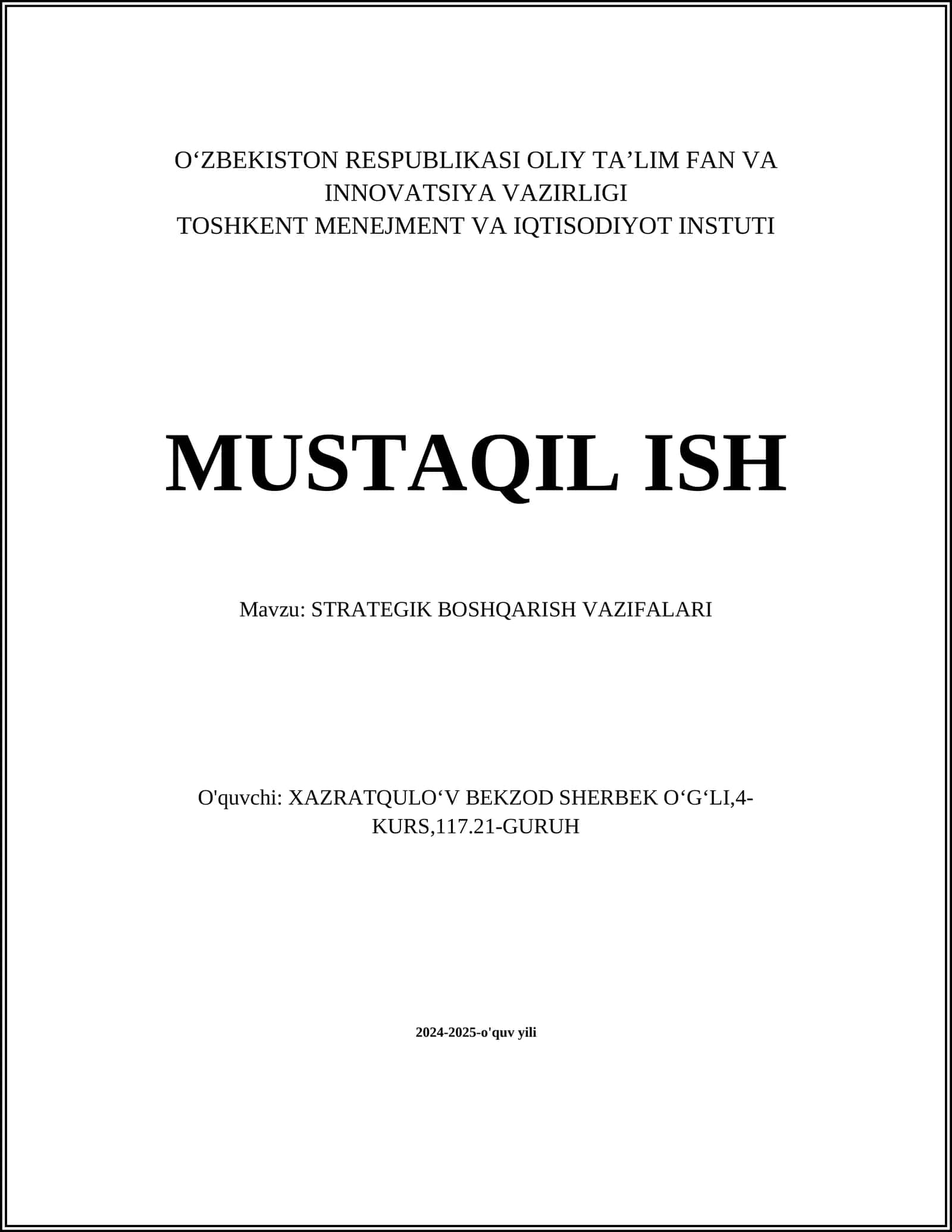 STRATEGIK BOSHQARISH VAZIFALARI