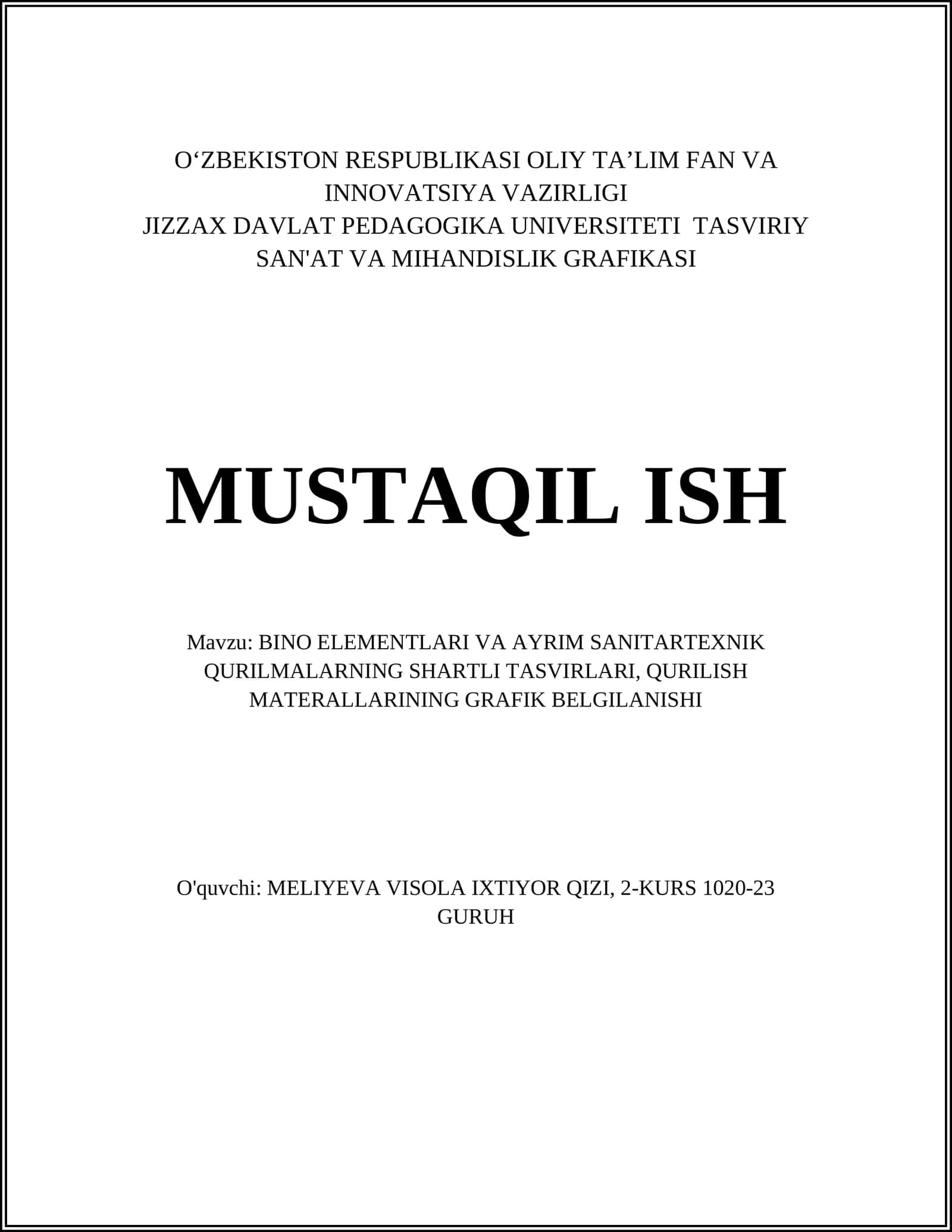 BINO ELEMENTLARI VA AYRIM SANITARTEXNIK QURILMALARNING SHARTLI TASVIRLARI, QURILISH MATERALLARINING GRAFIK BELGILANISHI