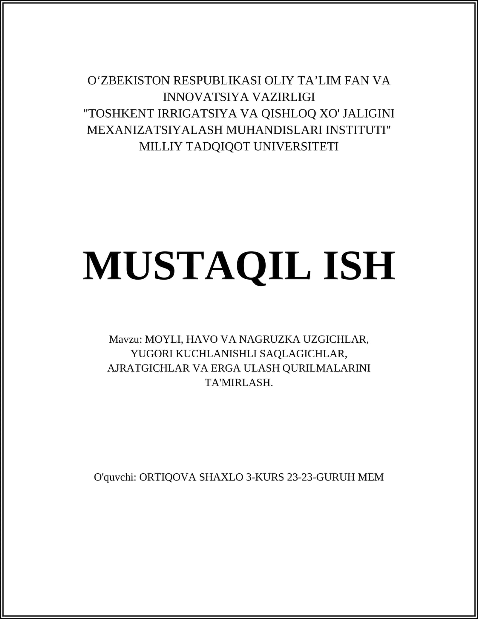 MOYLI, HAVO VA NAGRUZKA UZGICHLAR