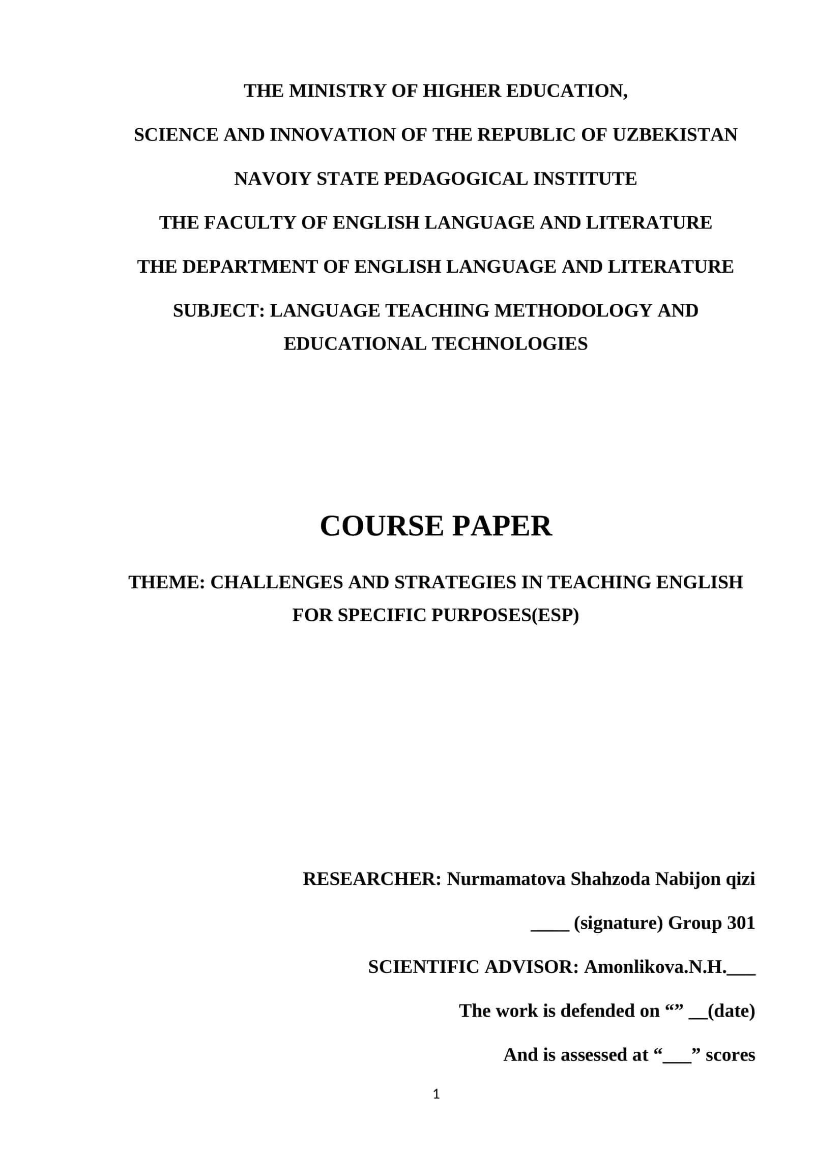 CHALLENGES AND STRATEGIES IN TEACHING ENGLISH FOR SPECIFIC PURPOSES(ESP)