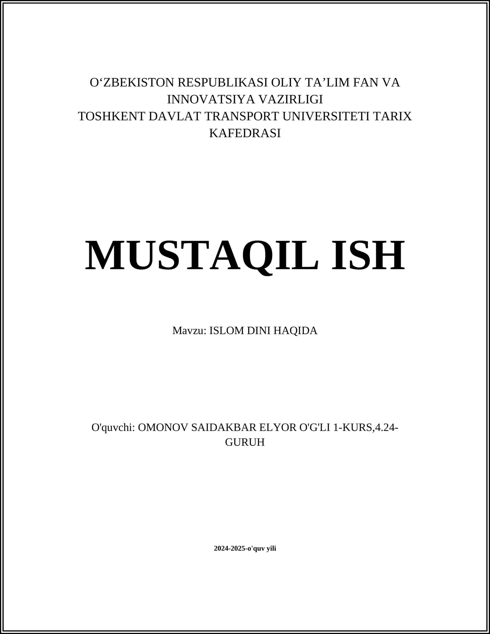 ISLOM DINI HAQIDA