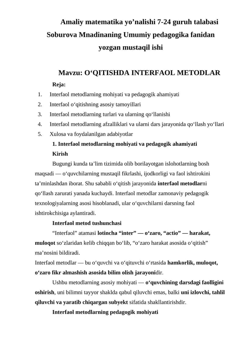 O‘QITISHDA INTERFAOL METODLAR