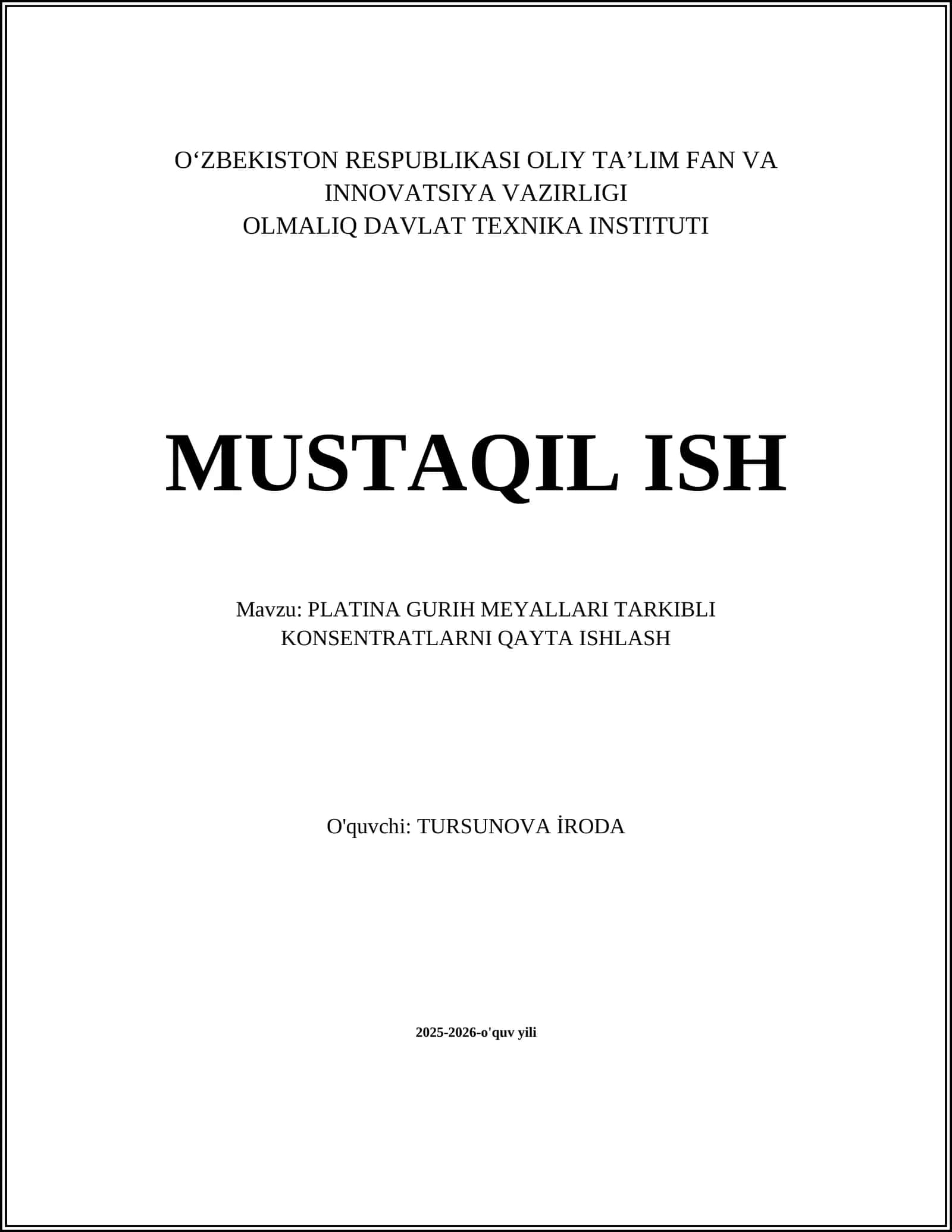 PLATINA GURIH MEYALLARI TARKIBLI KONSENTRATLARNI QAYTA ISHLASH