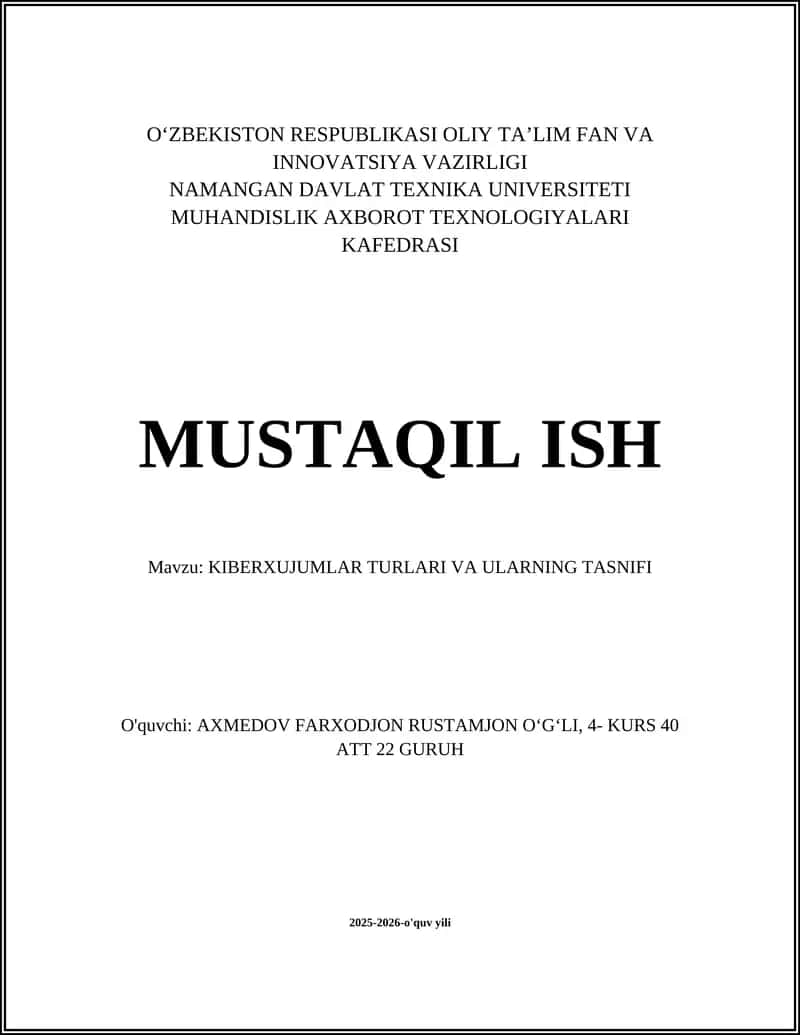 KIBERXUJUMLAR TURLARI VA ULARNING TASNIFI