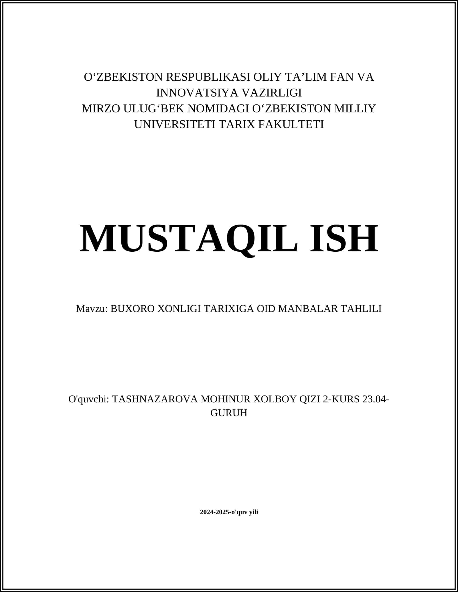 Buxoro Xonligi Tarixiga oid Manbalar Tahlili