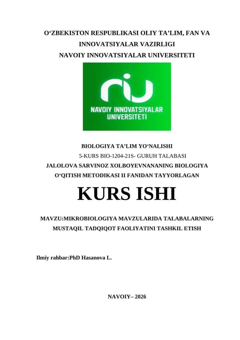 Mikrobiologiya mavzularida talabalarning mustaqil tadqiqot faoliyatini tashkil etish