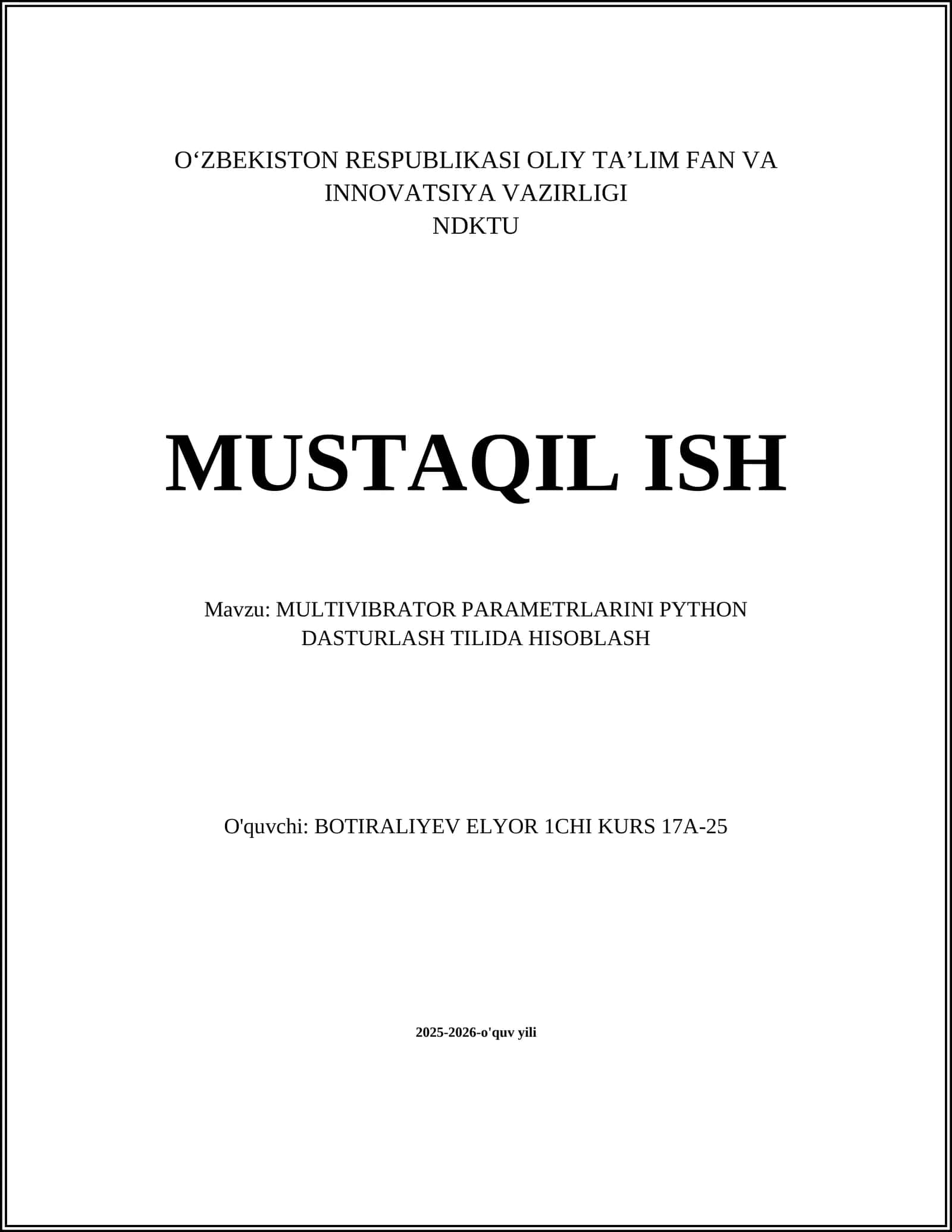 MULTIVIBRATOR PARAMETRLARINI PYTHON DASTURLASH TILIDA HISOBLASH