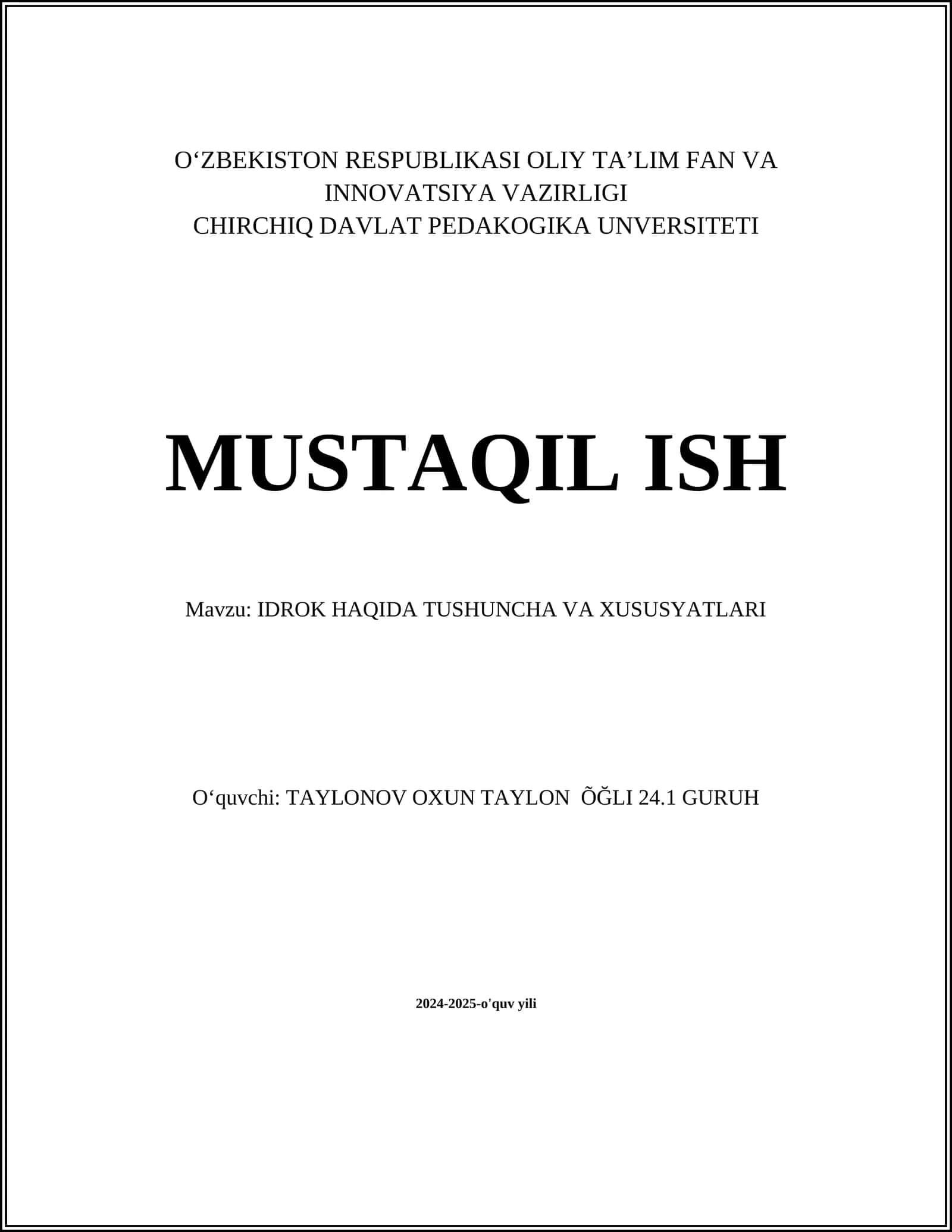 IDROK HAQIDA TUSHUNCHA VA XUSUSYATLARI