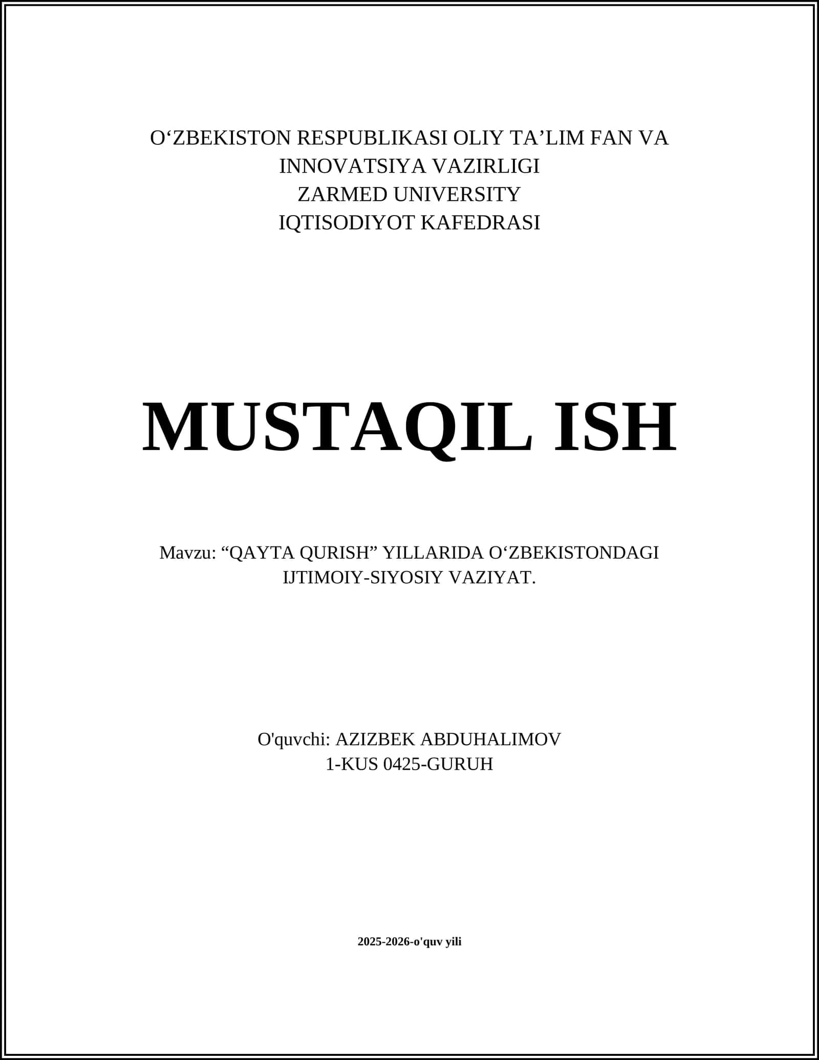 QAYTA QURISH YILLARIDA O‘ZBEKISTONDAGI IJTIMOIY-SIYOSIY VAZIYAT