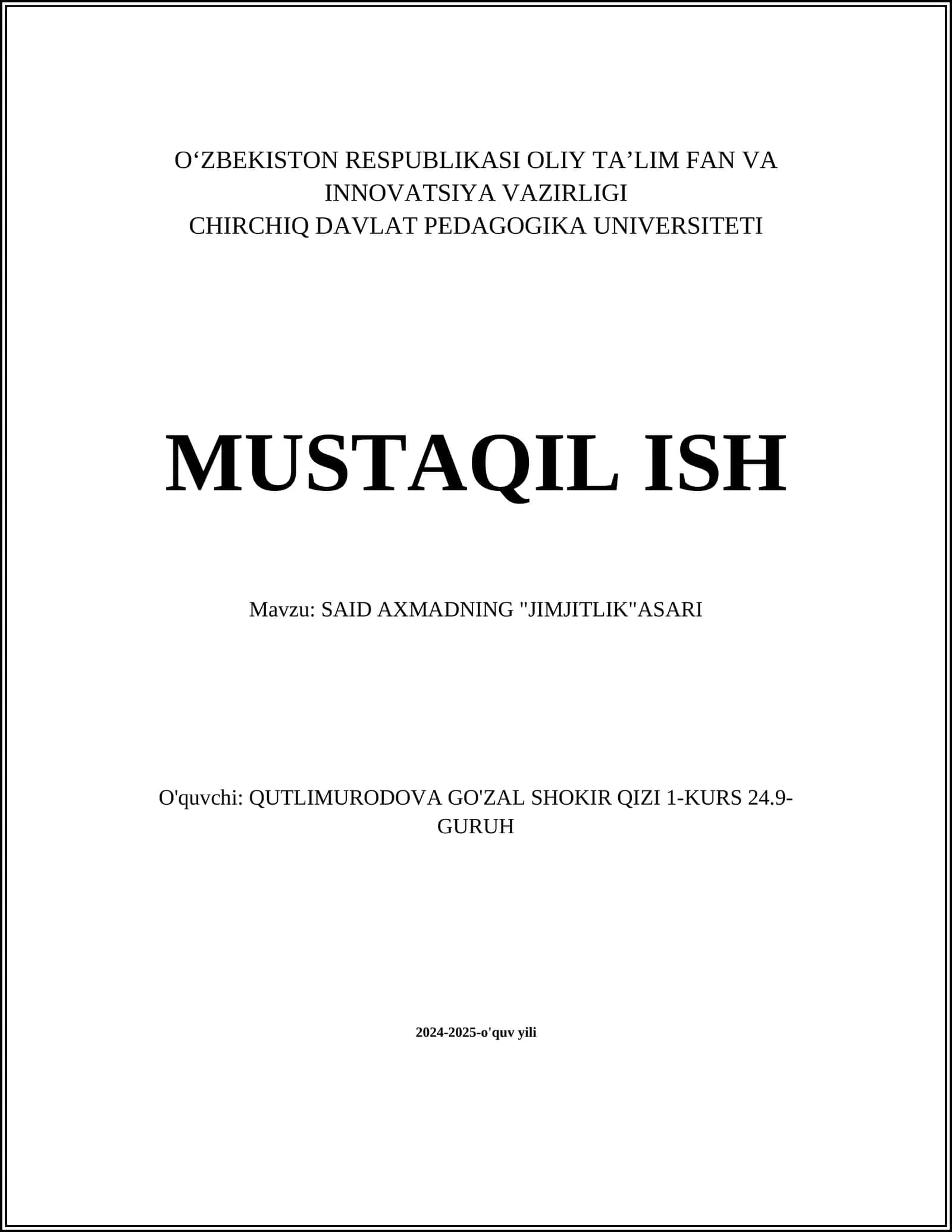 SAID AXMADNING "JIMJITLIK"ASARI