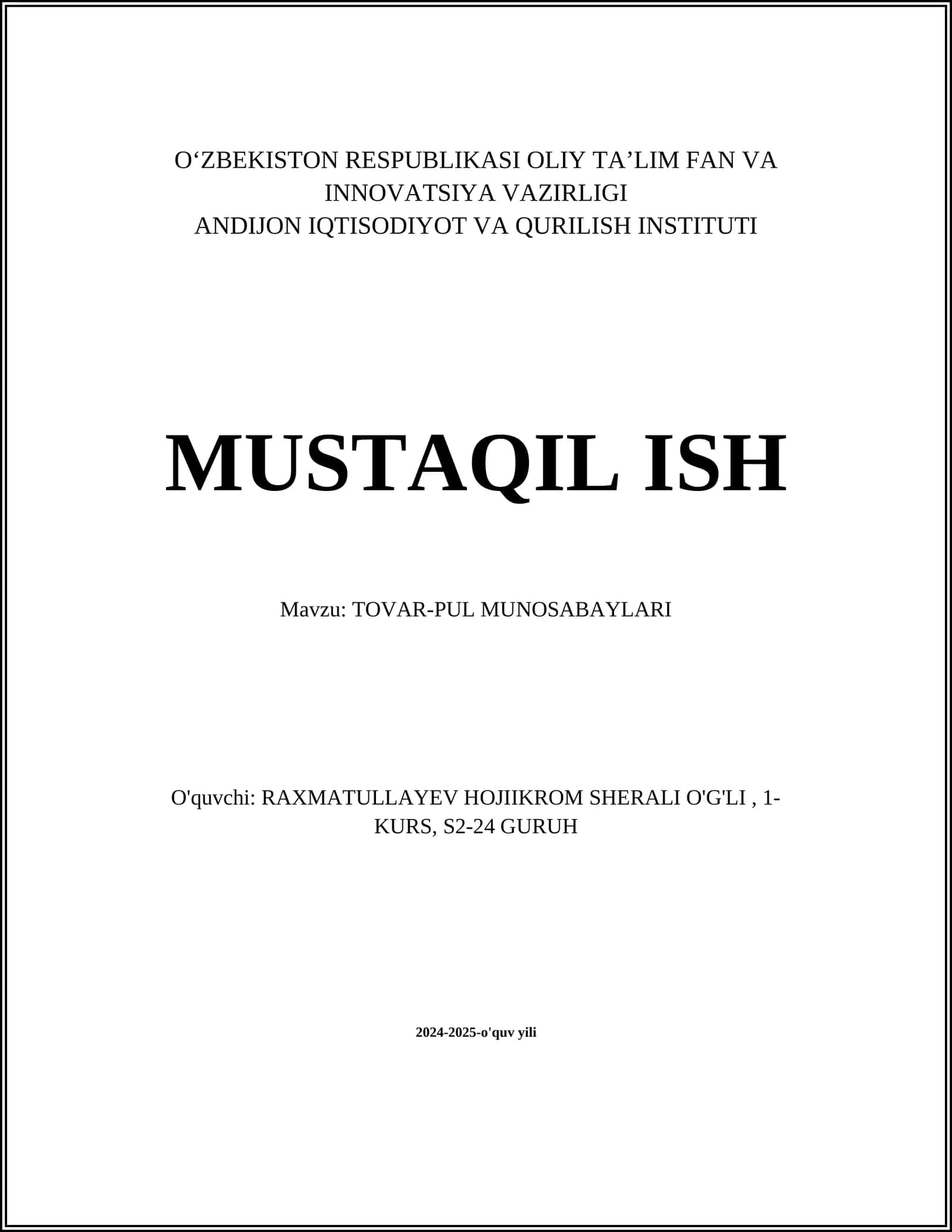 TOVAR-PUL MUNOSABAYLARI