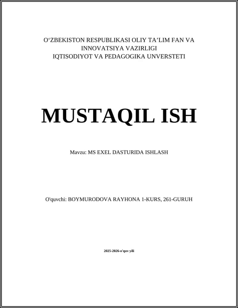 MS EXEL DASTURIDA ISHLASH