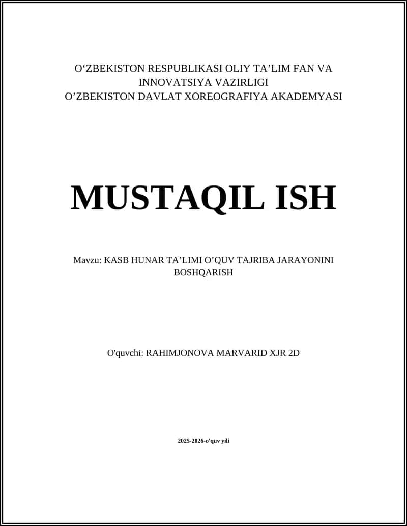 KASB HUNAR TA’LIMI O’QUV TAJRIBA JARAYONINI BOSHQARISH