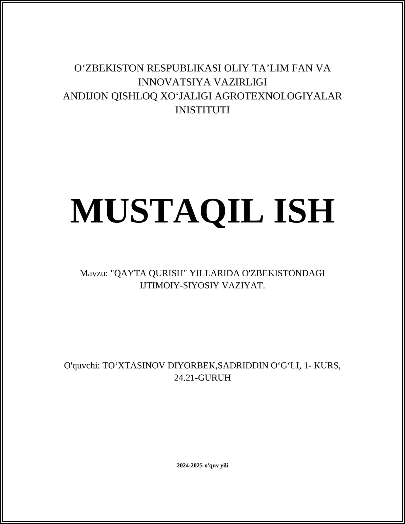 QAYTA QURISH YILLARIDA O'ZBEKISTONDAGI IJTIMOIY-SIYOSIY VAZIYAT