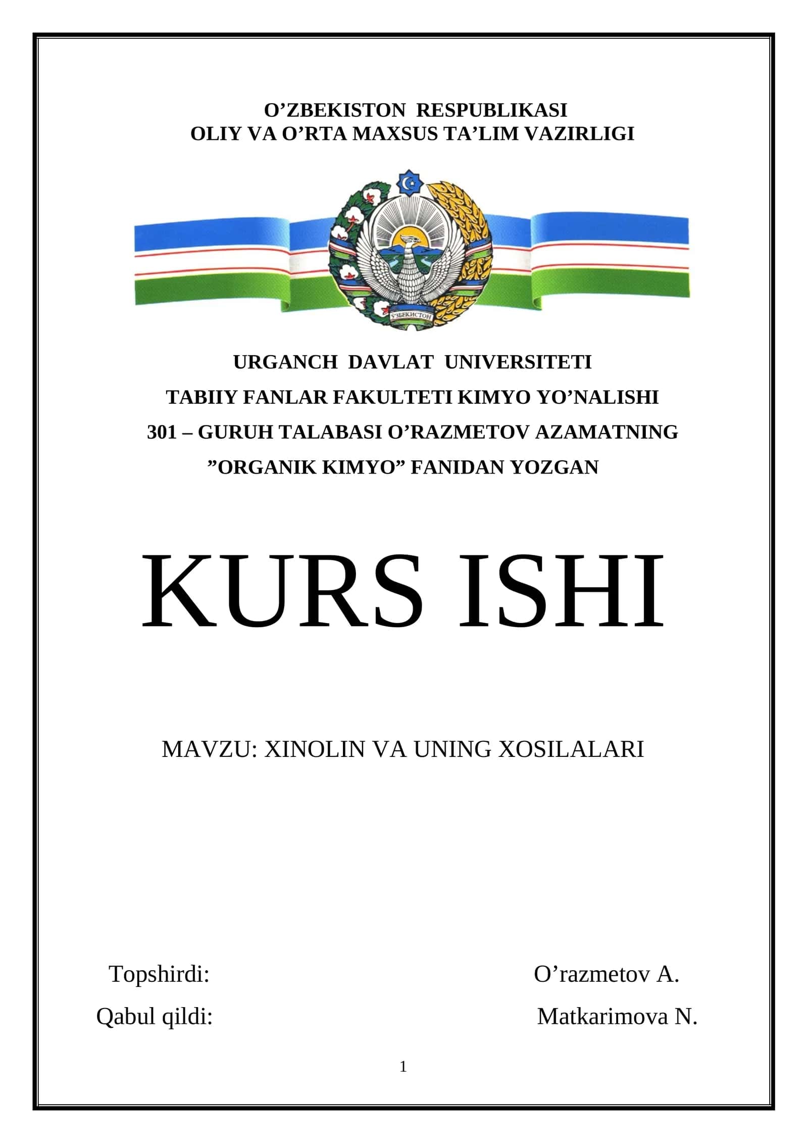 XINOLIN VA UNING XOSILALARI
