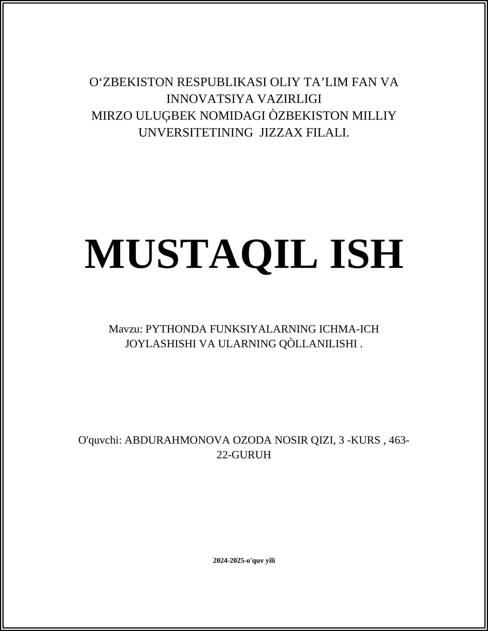 PYTHONDA FUNKSIYALARNING ICHMA-ICH JOYLASHISHI VA ULARNING QÒLLANILISHI