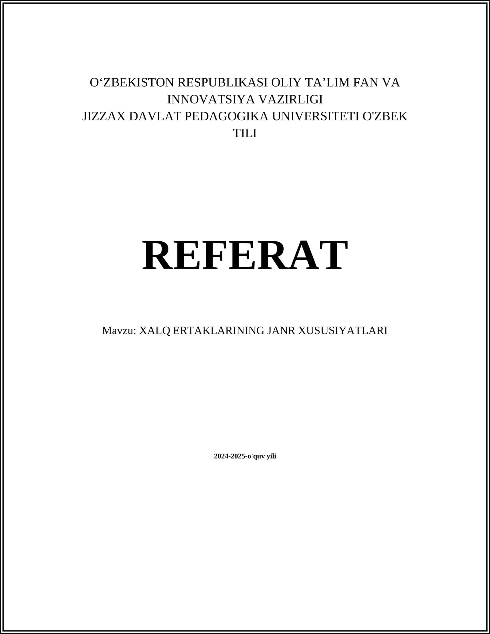 XALQ ERTAKLARINING JANR XUSUSIYATLARI