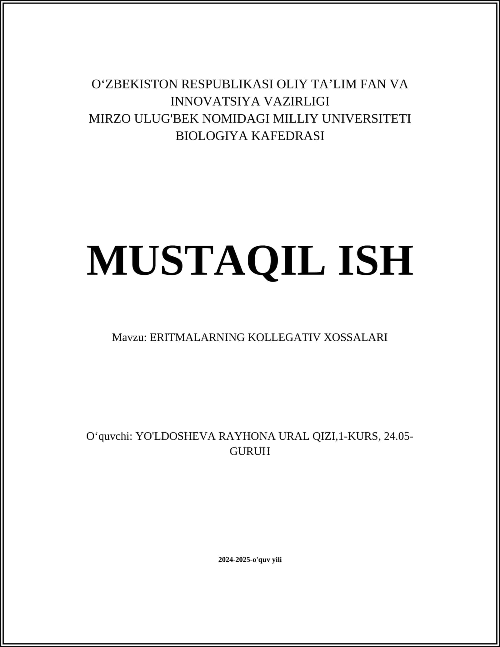 ERITMALARNING KOLLEGATIV XOSSALARI
