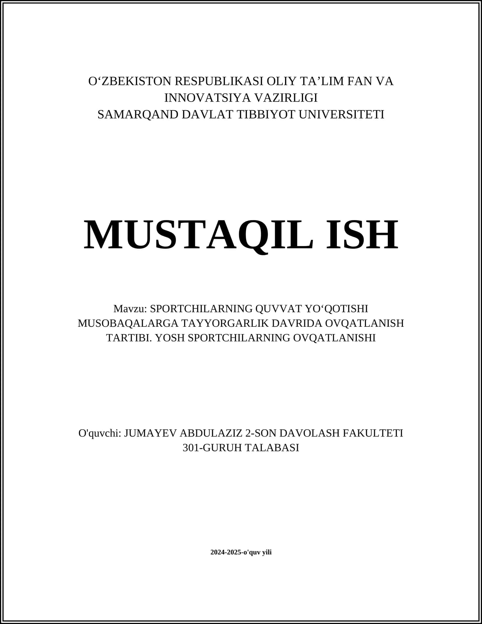 SPORTCHILARNING QUVVAT YOʻQOTISHI MUSOBAQALARGA TAYYORGARLIK DAVRIDA OVQATLANISH TARTIBI